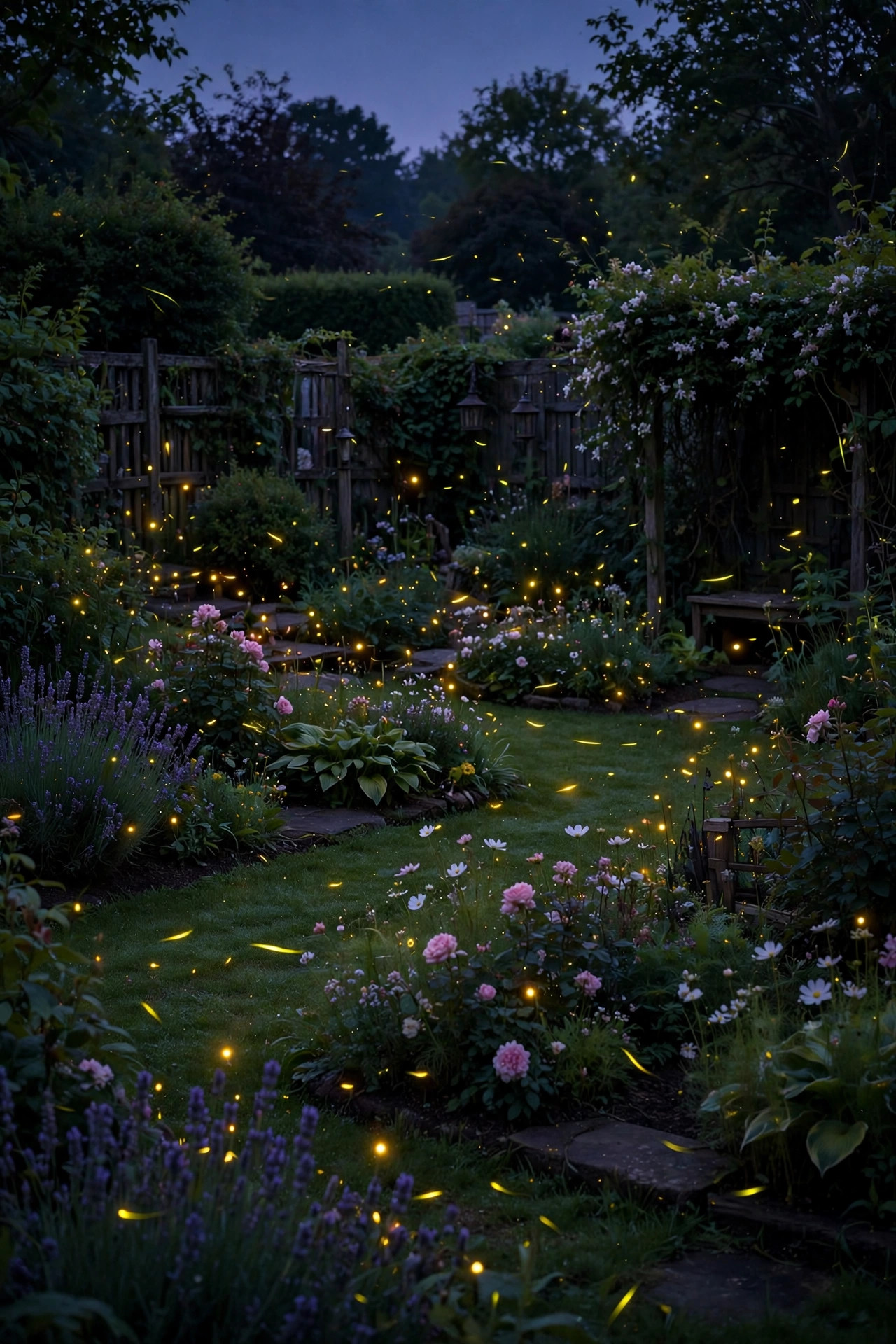 Peaceful garden at deep dusk with amber lights off and fireflies flashing over the lawn and flower beds