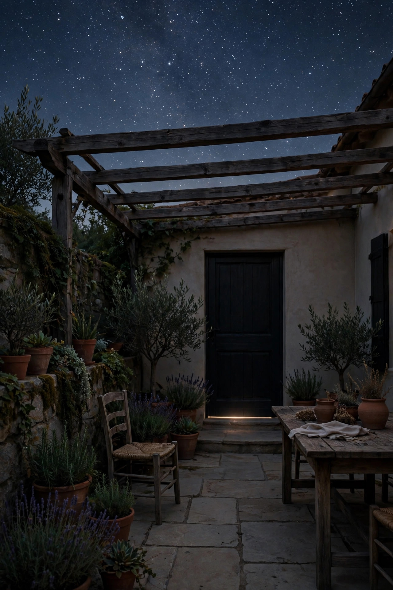 Quiet patio at night after a lights-out walkthrough, with all glare removed and only a faint warm glow under a bright starry sky