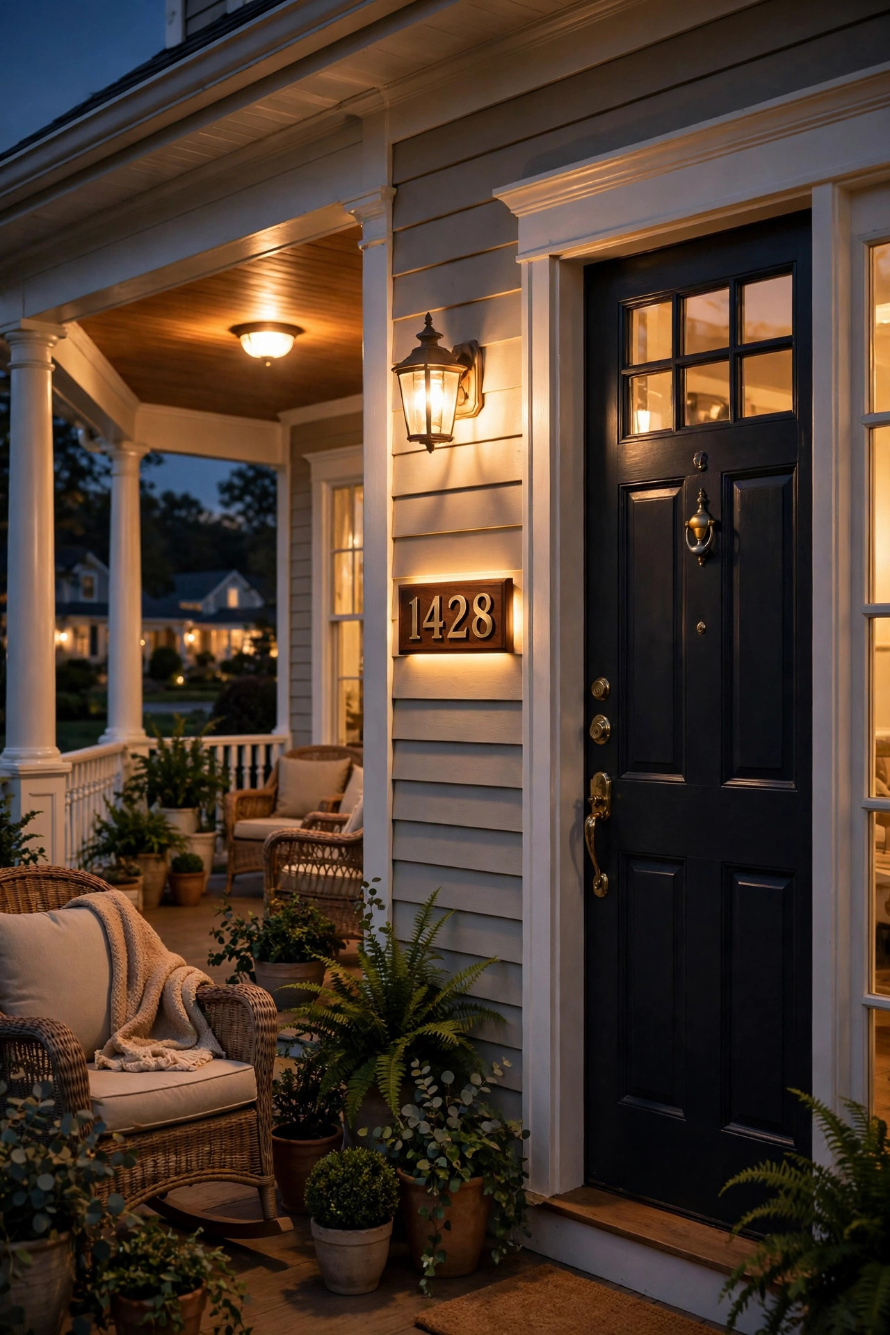 Warmly lit house numbers beside the front door of a wraparound porch at night