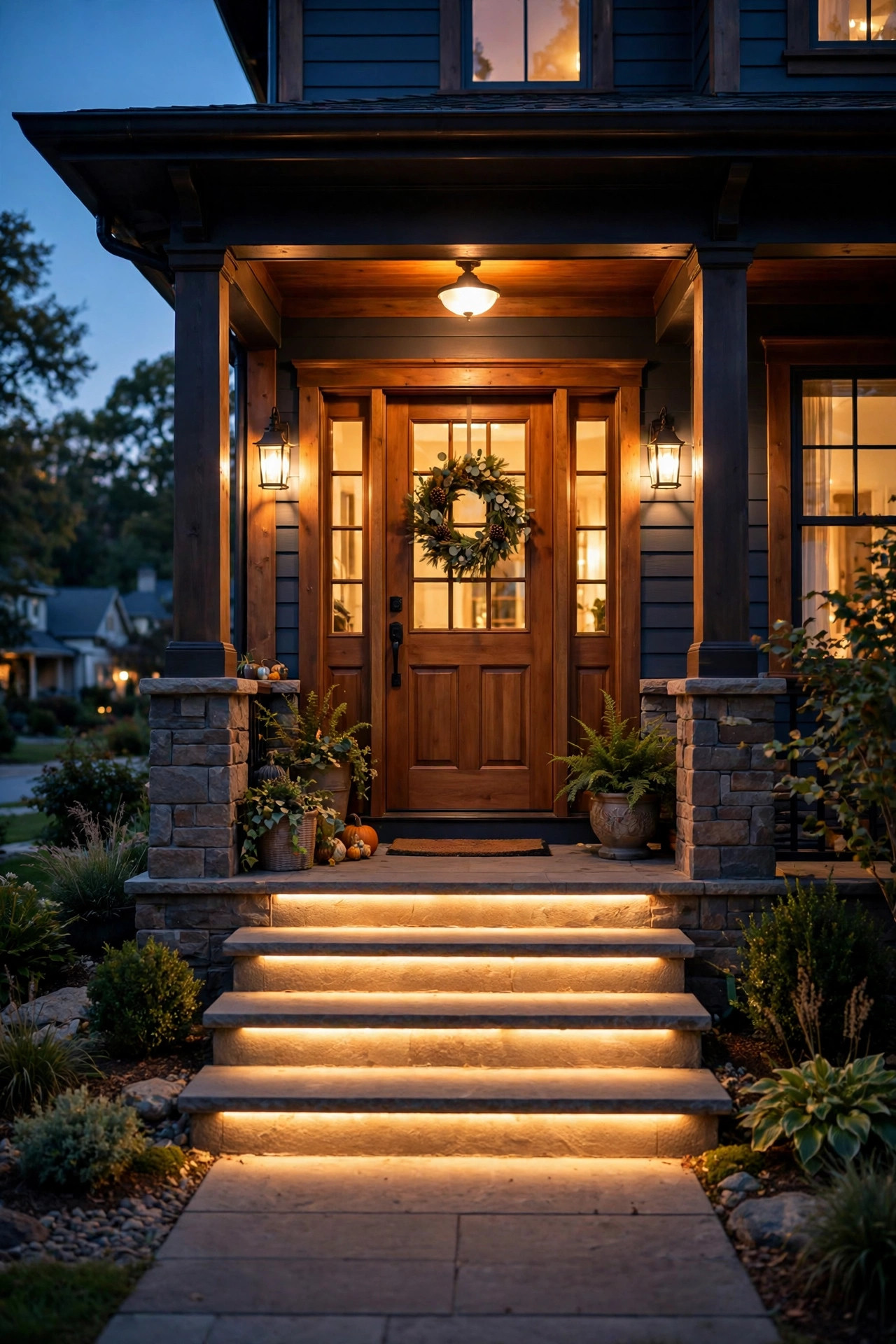 Warmly lit porch landing at the top of glowing steps completing a layered entry lighting scheme