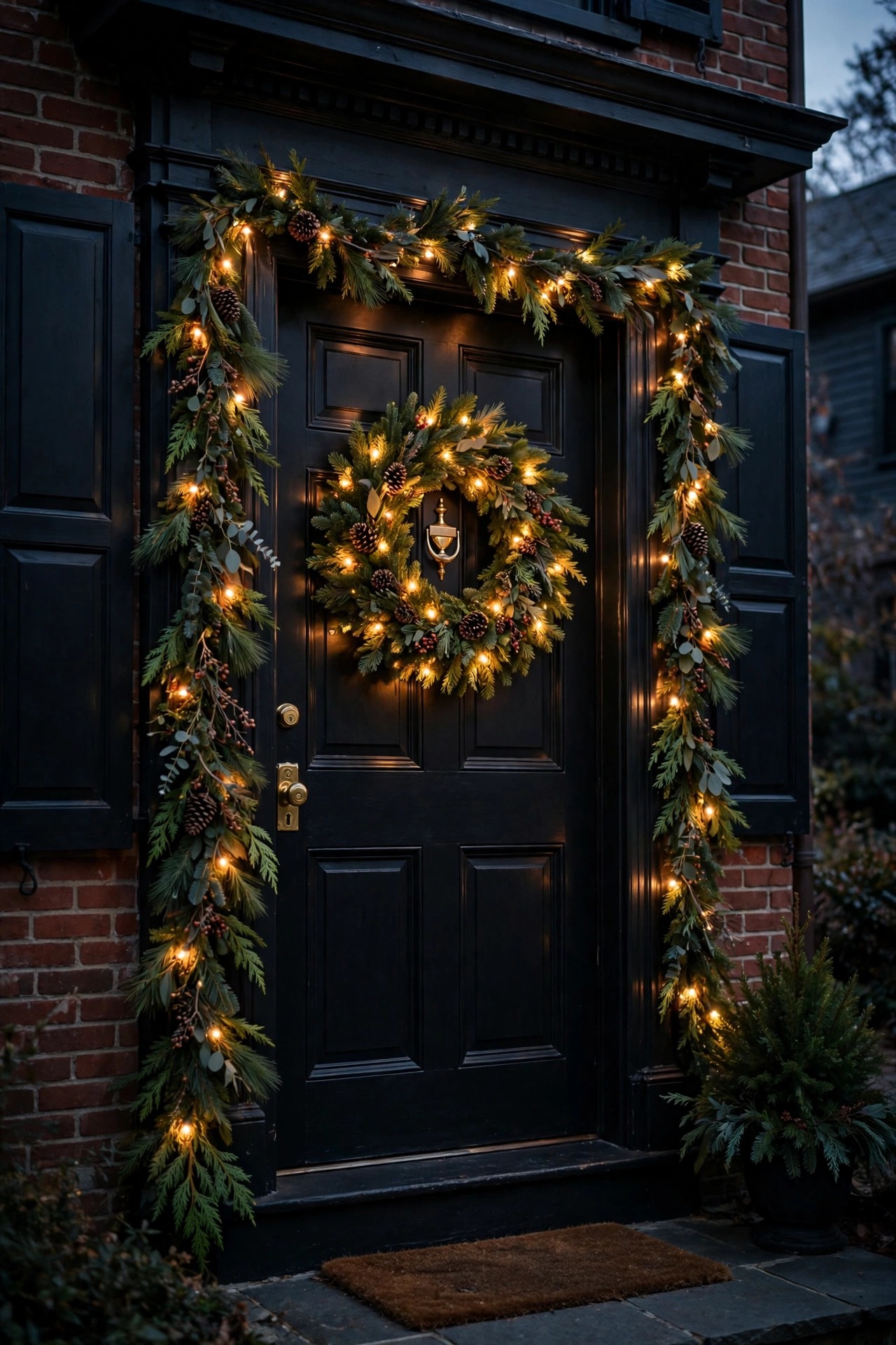Lit evergreen wreath centered on a black colonial front door with warm micro lights and matching garland on the frame