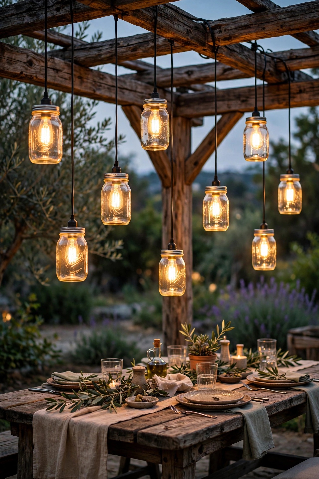 Mason jars filled with warm fairy lights hanging from hooks over an outdoor party table