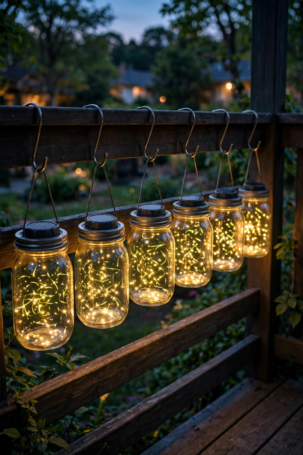 Mason jars with solar lids hanging from hooks along a balcony railing glowing like bottled fireflies