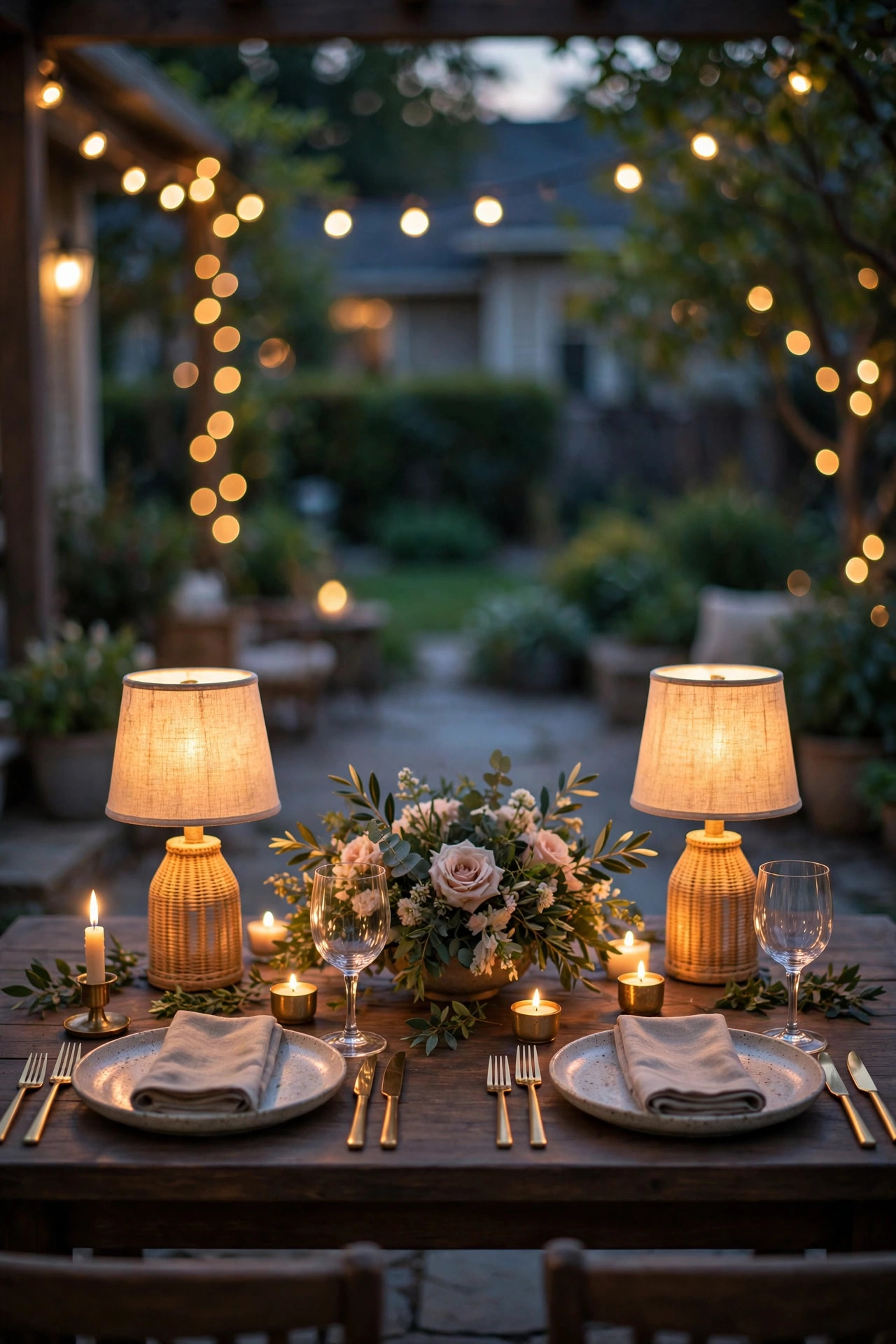Pair of matching outdoor table lamps flanking a dining table centerpiece at dusk