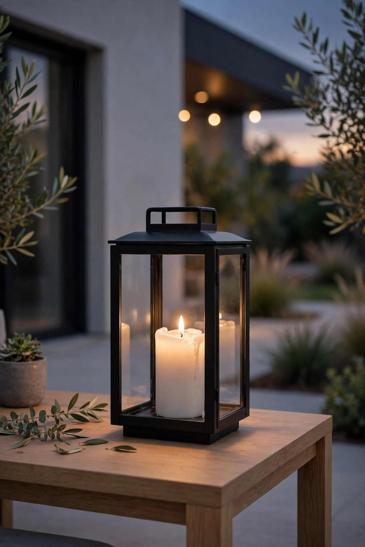 Matte black modern hurricane lantern with a white pillar candle on a minimalist outdoor table