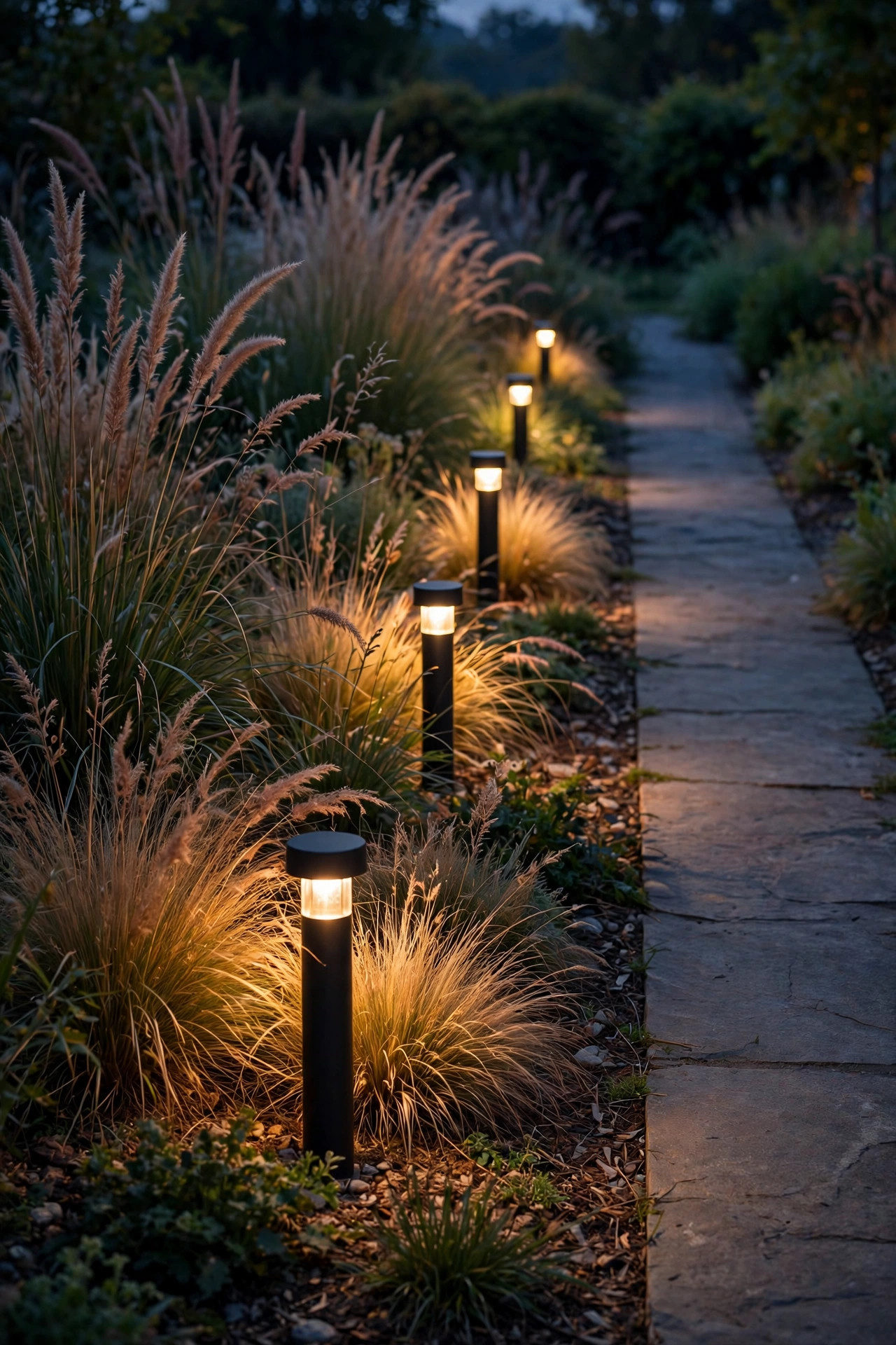 Mini bollard lights edging a garden bed beside a path, washing ornamental grasses with light