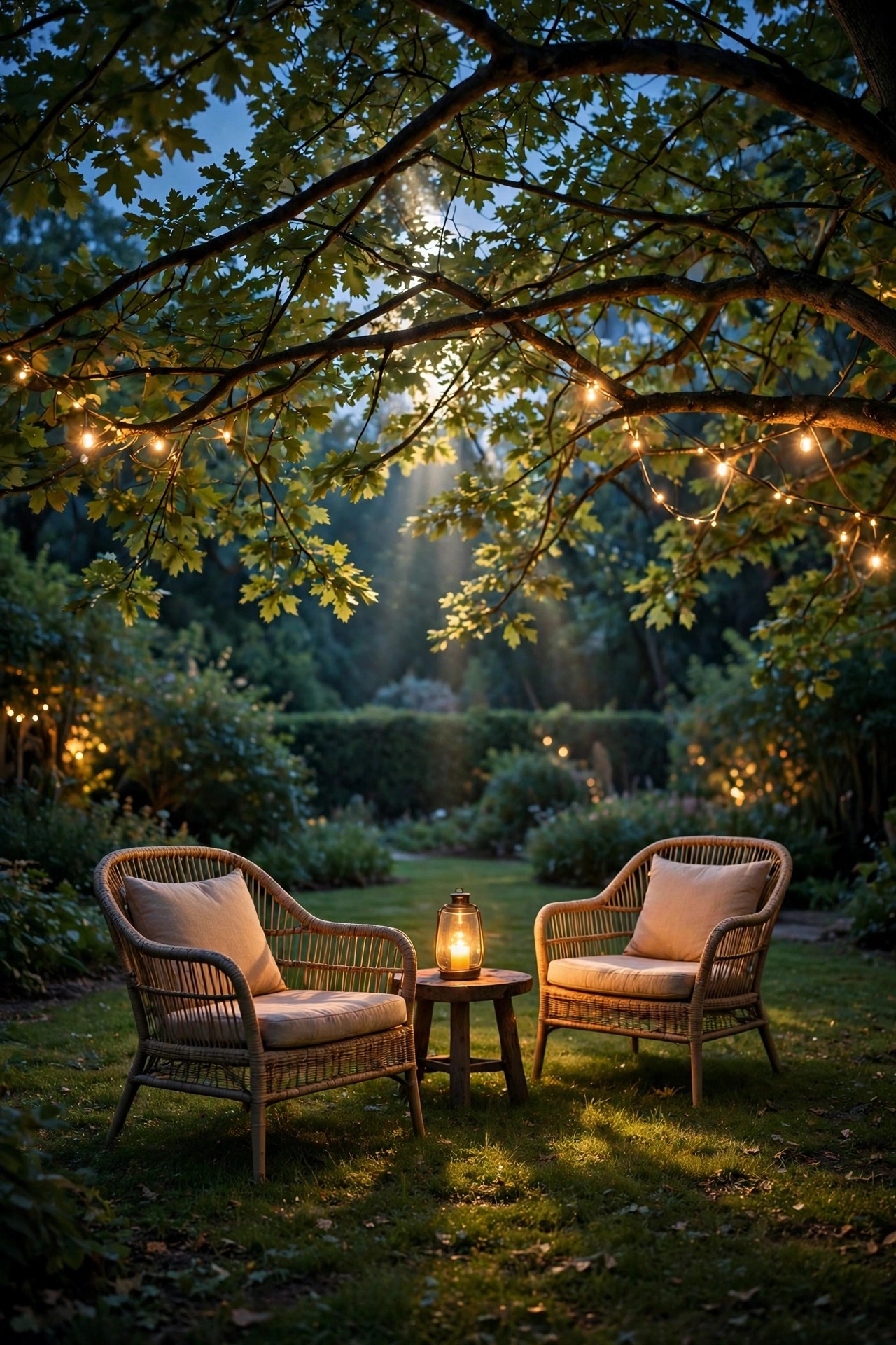 Soft moonlight-style light filtering down through tree branches onto a lawn with outdoor chairs at night