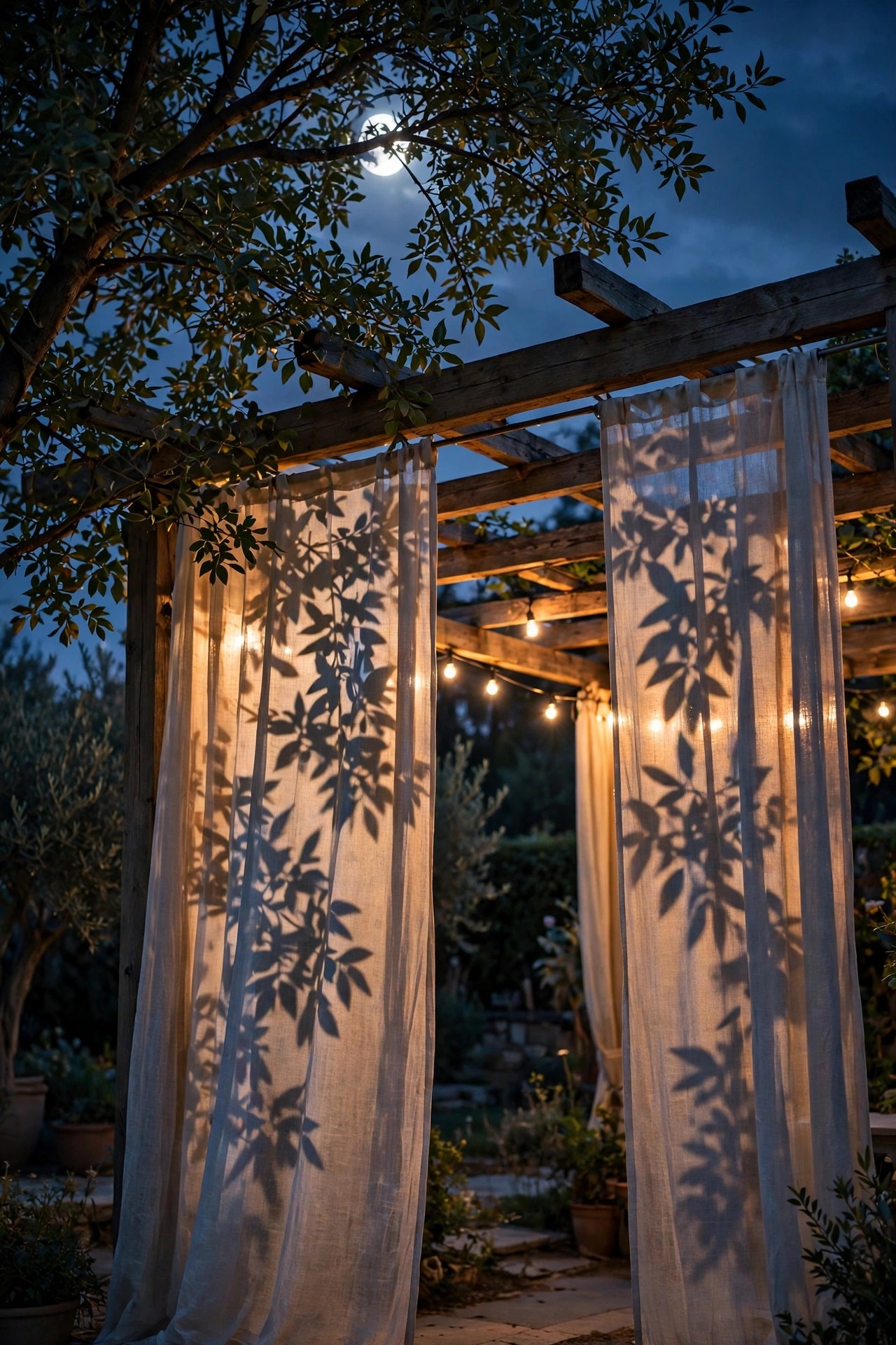 Cool moonlighting from a tree casting leaf shadows across pergola curtains