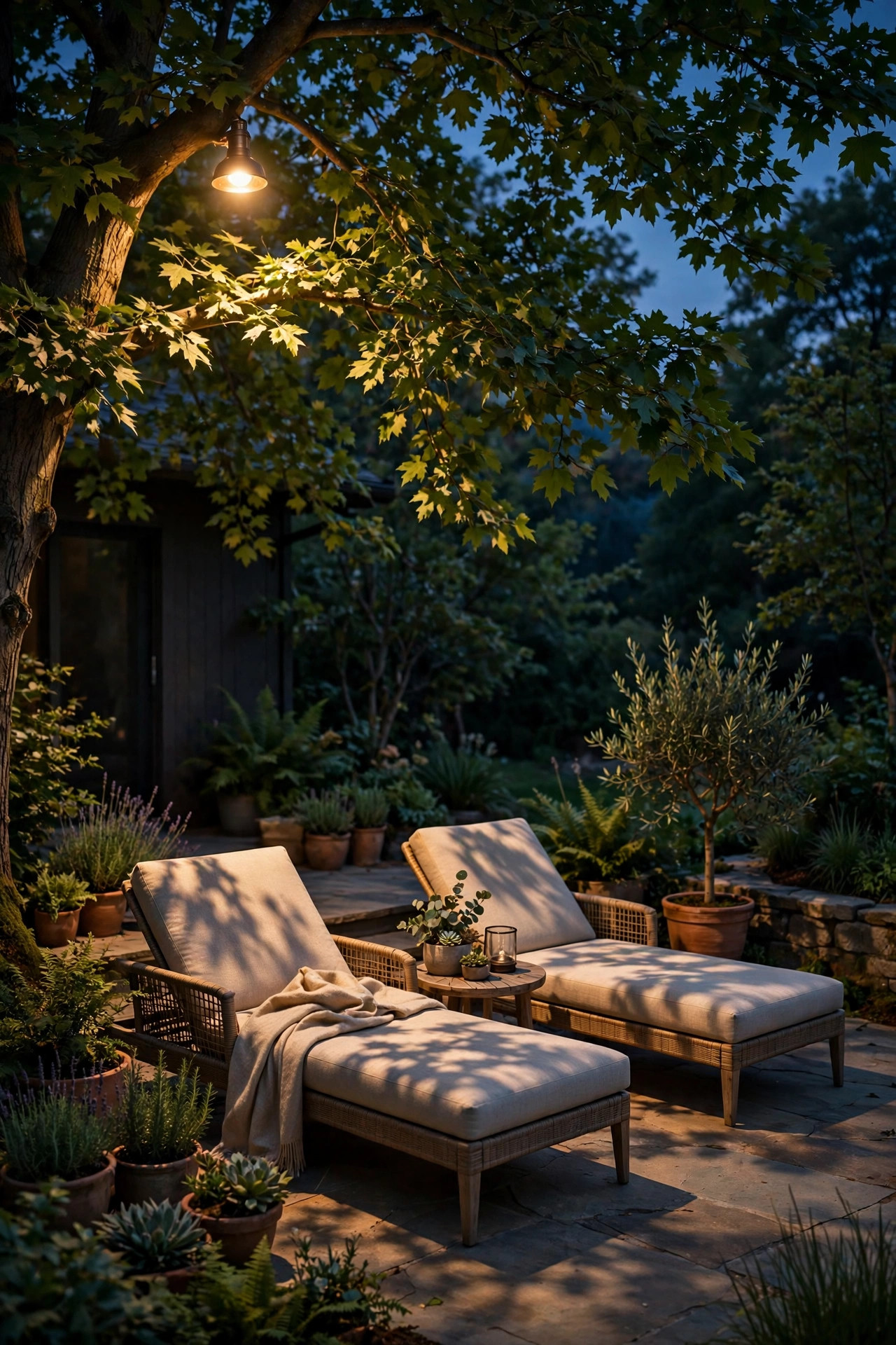 Soft moonlighting fixture high in a tree casting dappled light over lounge chairs on one arm of a patio at night