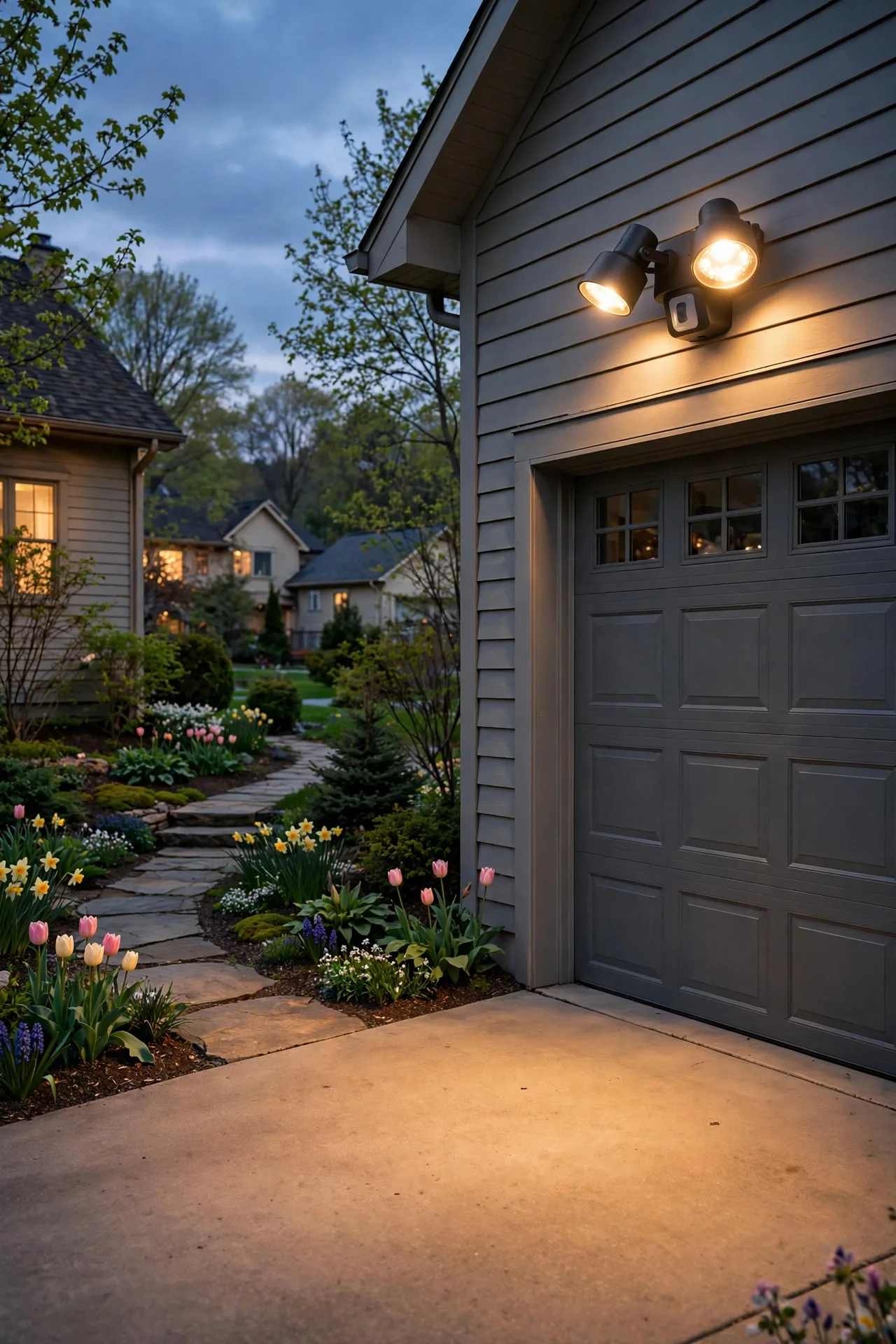 Modern dual-head motion sensor light glowing warm over a residential driveway at dusk