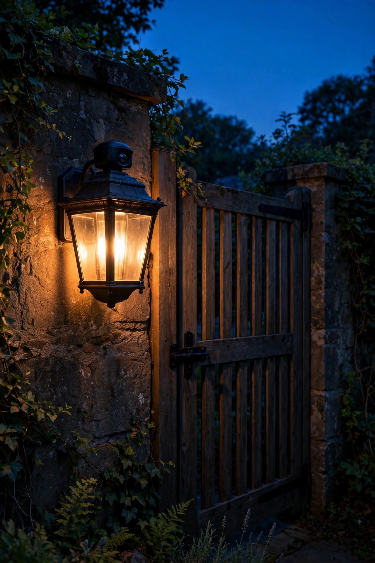 A handsome motion sensor lantern in a classic shape glowing warmly beside a side gate at night