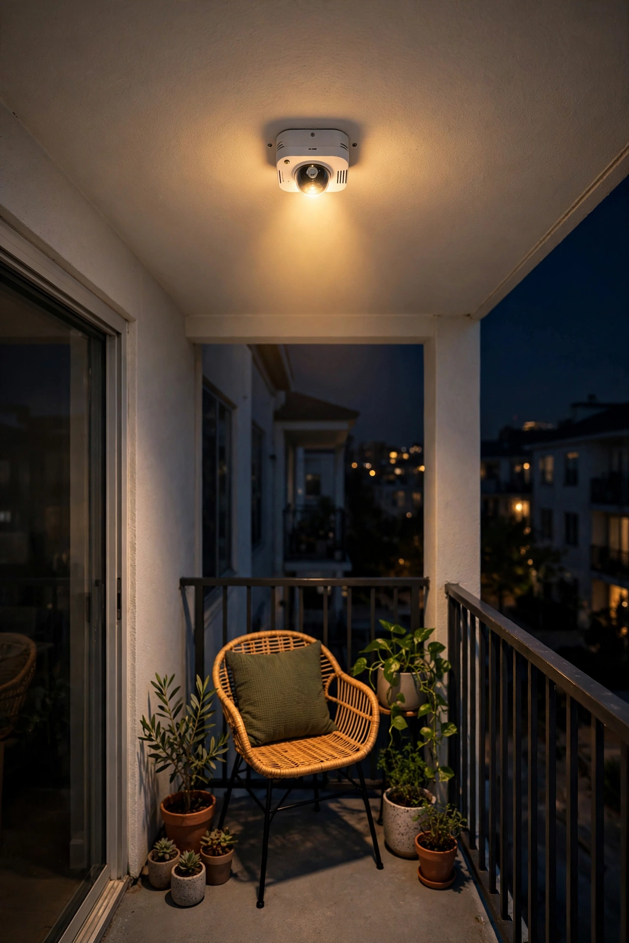Motion-sensor solar light illuminating a balcony doorway at night