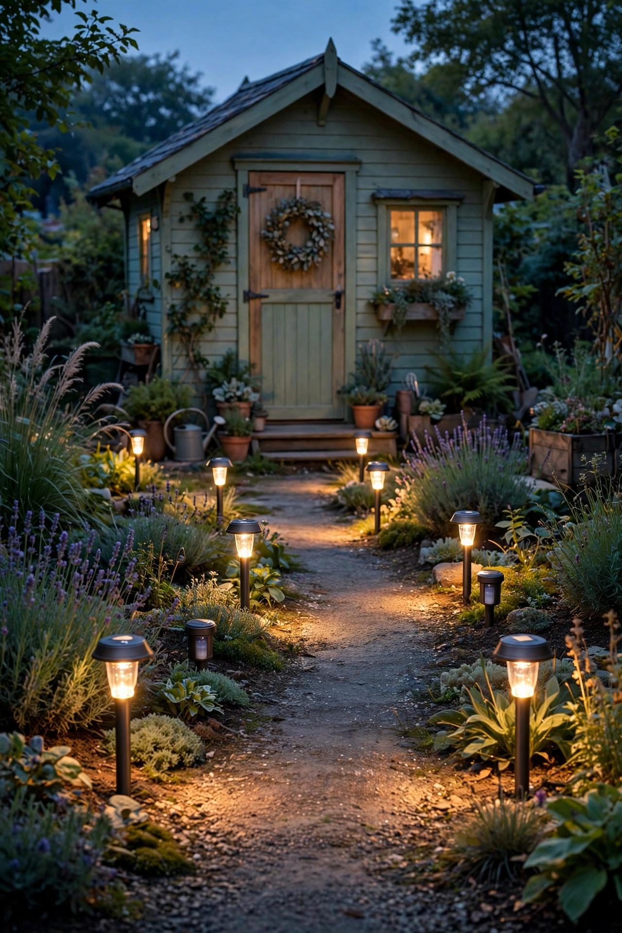 Motion sensor solar path lights glowing along a garden path leading to a she shed at dusk