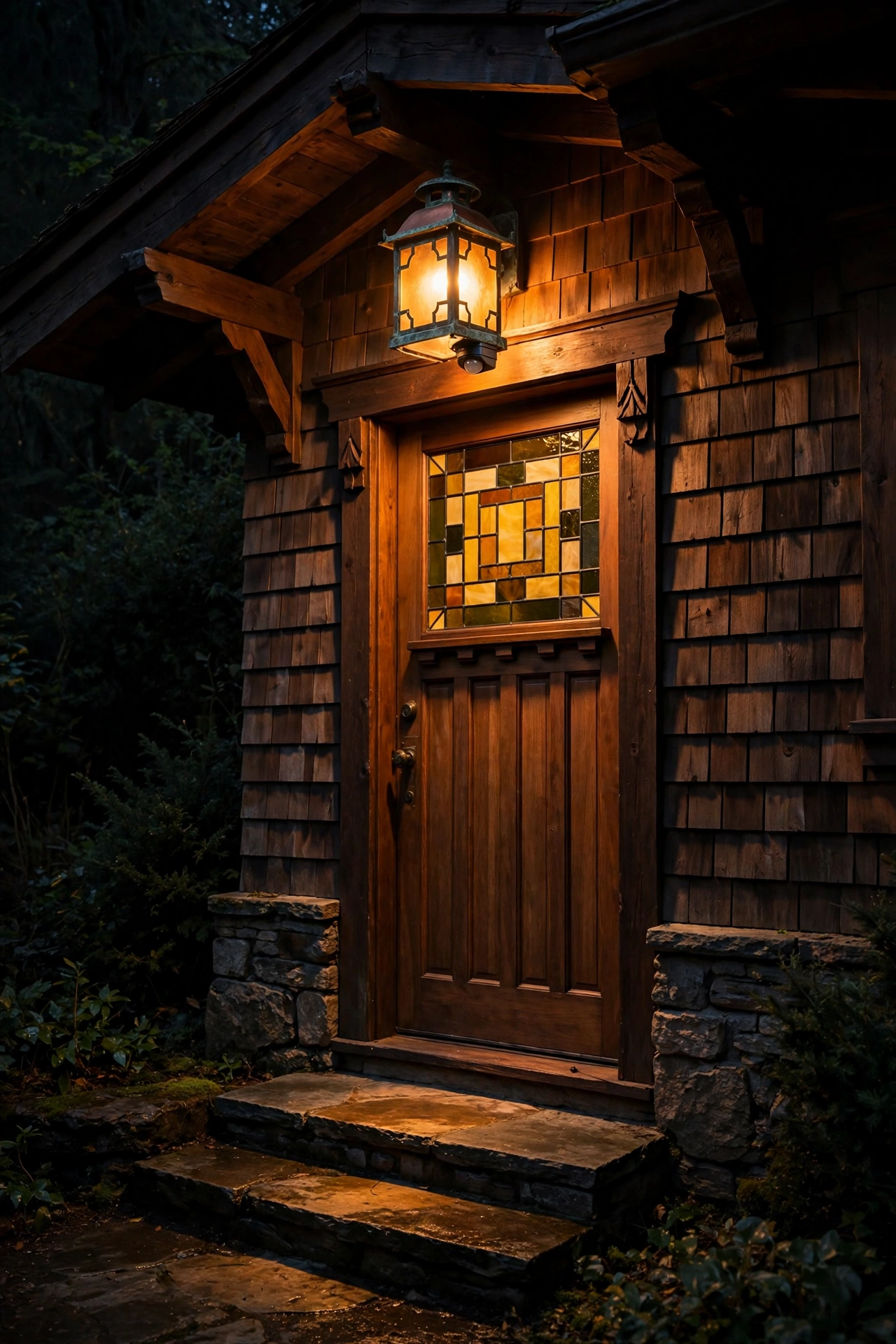 Mission-style motion-sensor lantern glowing over a craftsman bungalow side door at night