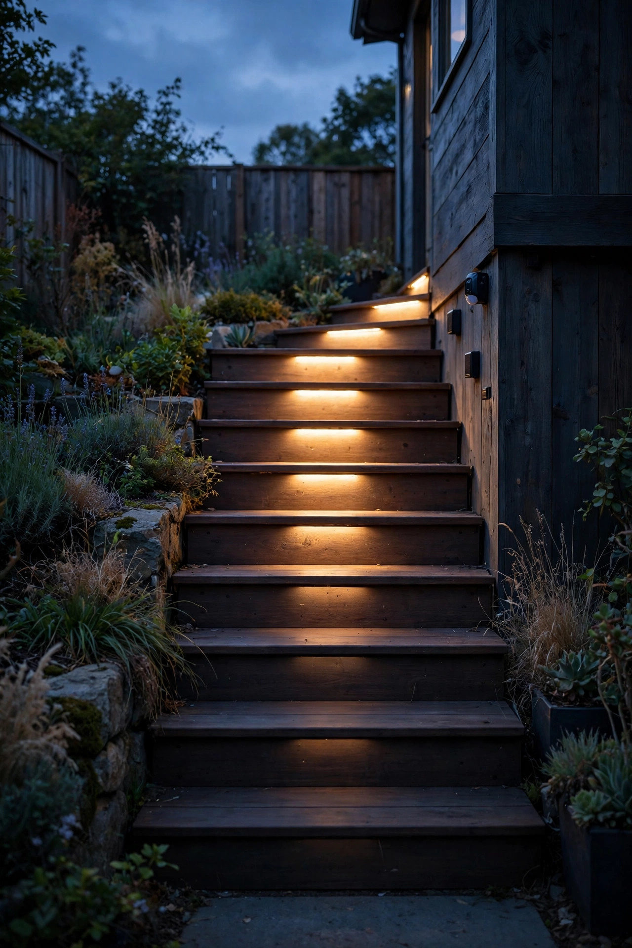 Motion-sensor recessed step lights fading up on a side-yard staircase as dusk settles