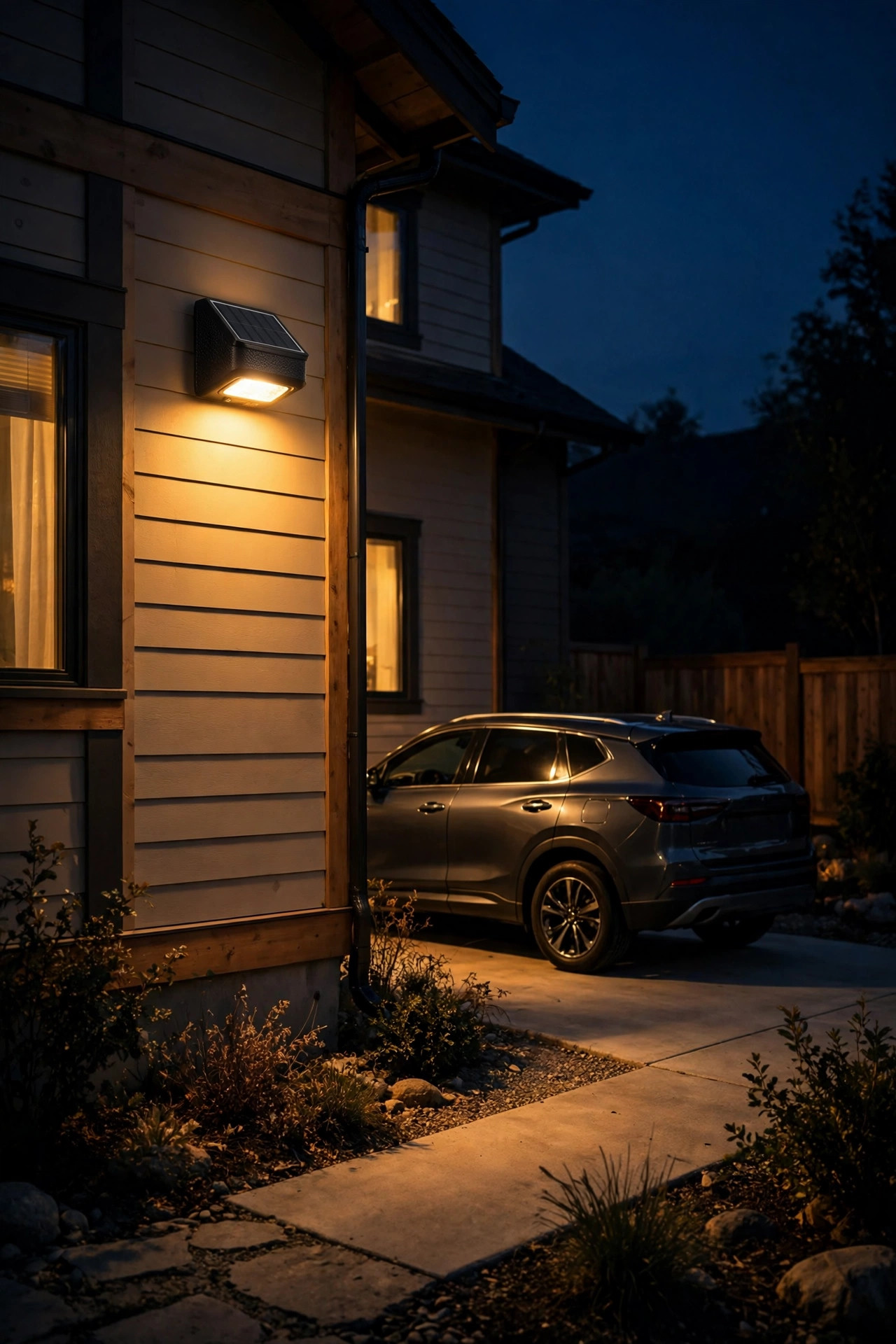 Solar motion wall pack light illuminating a side parking pad and parked car beside a house at night