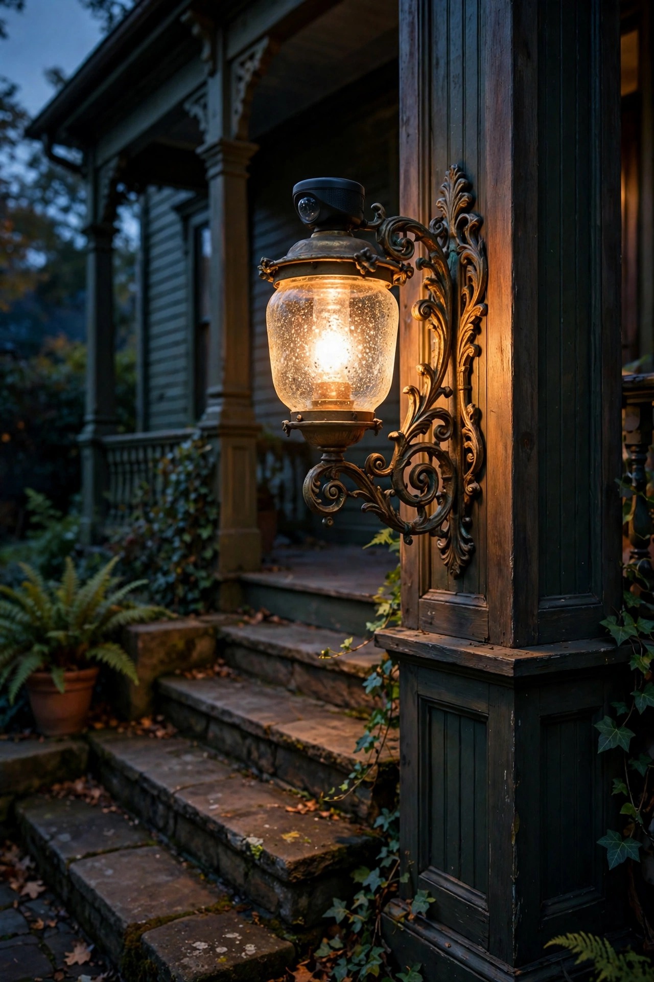 Period-style motion sensor sconce with scrollwork and seeded glass glowing beside Victorian porch steps at dusk