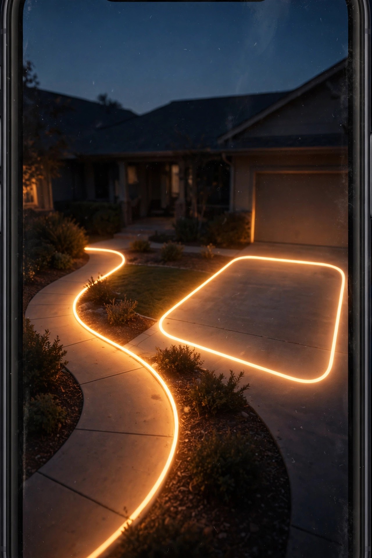 Smartphone view of a flood light camera feed at dusk with activity zones outlined over a driveway and front walk