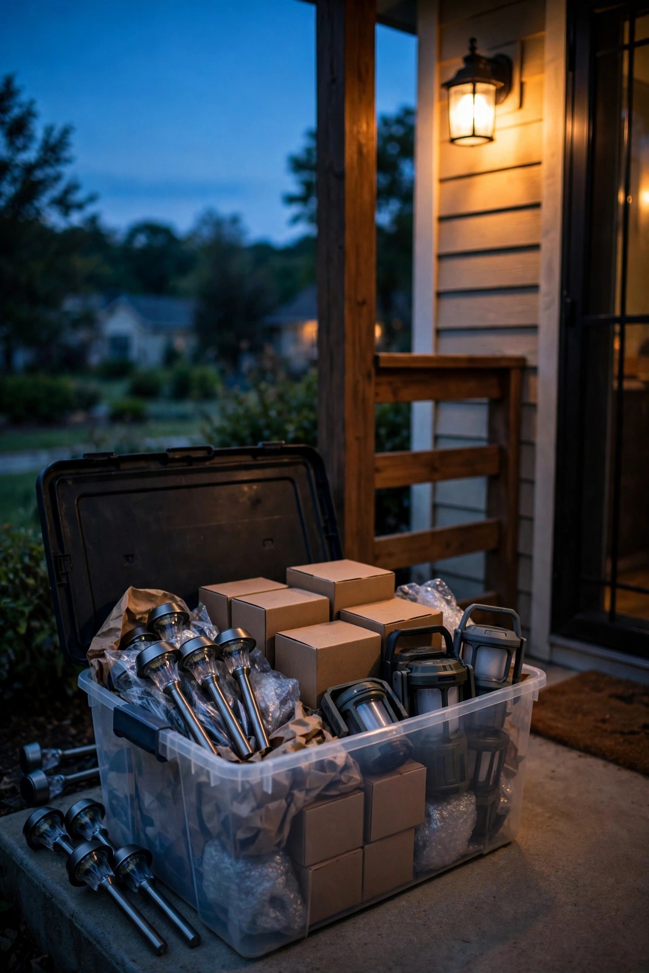 Storage bin of neatly packed solar lights, smart bulbs and lanterns beside a rental porch at dusk ready for moving day