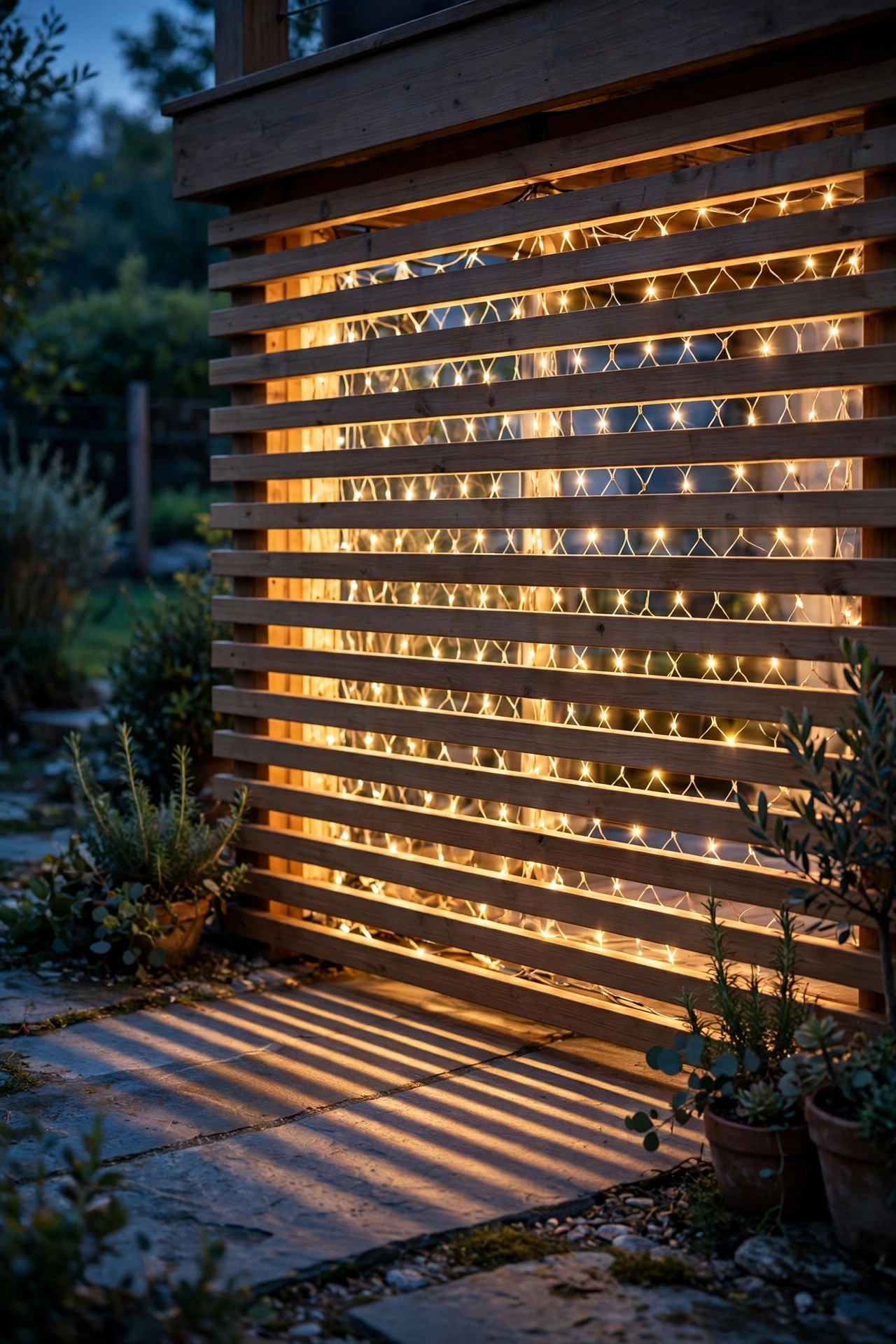 Net lights glowing behind horizontal slat deck skirting creating soft striped light