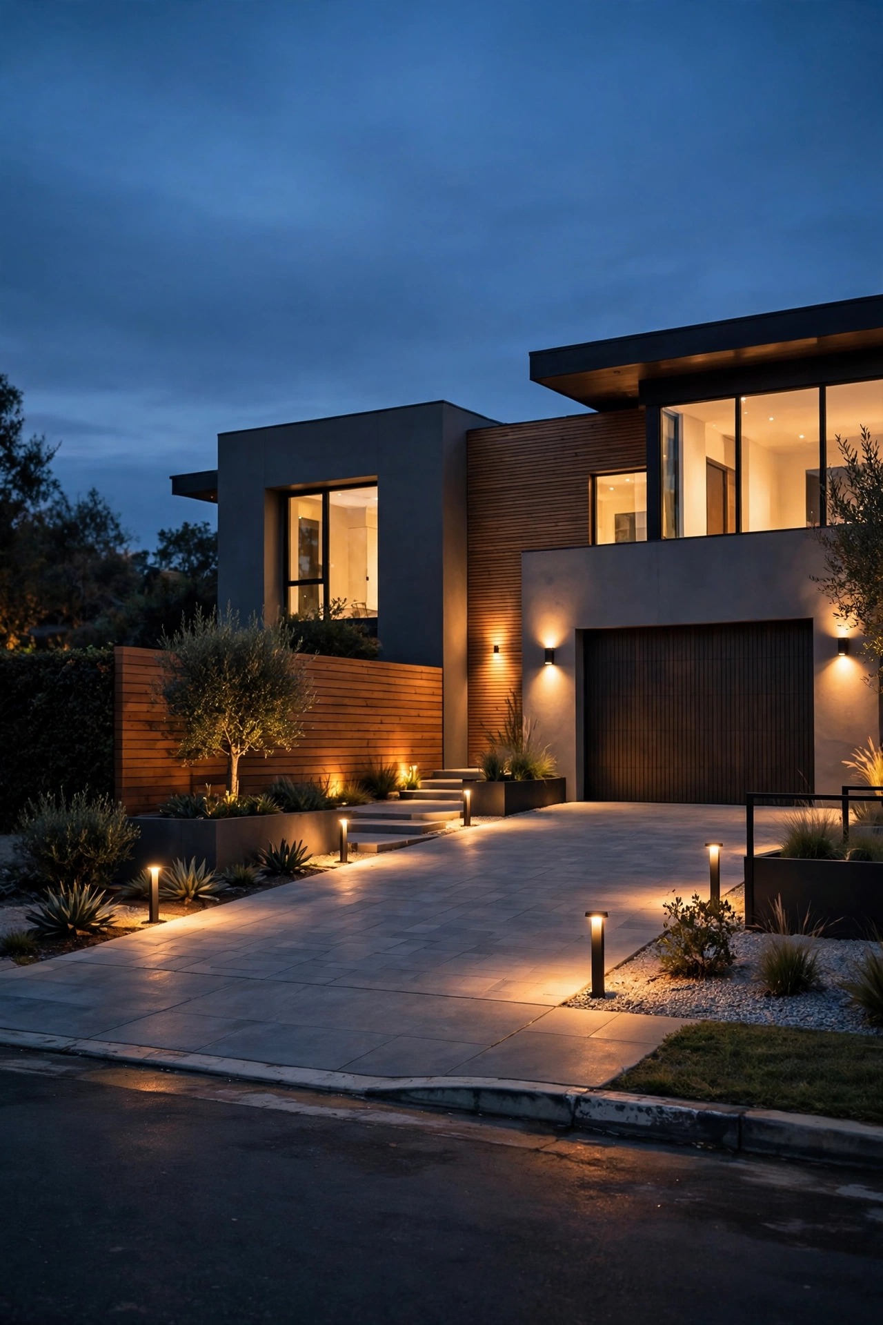 View from the street of a modern home driveway at night with even warm lighting and no glare during a final check