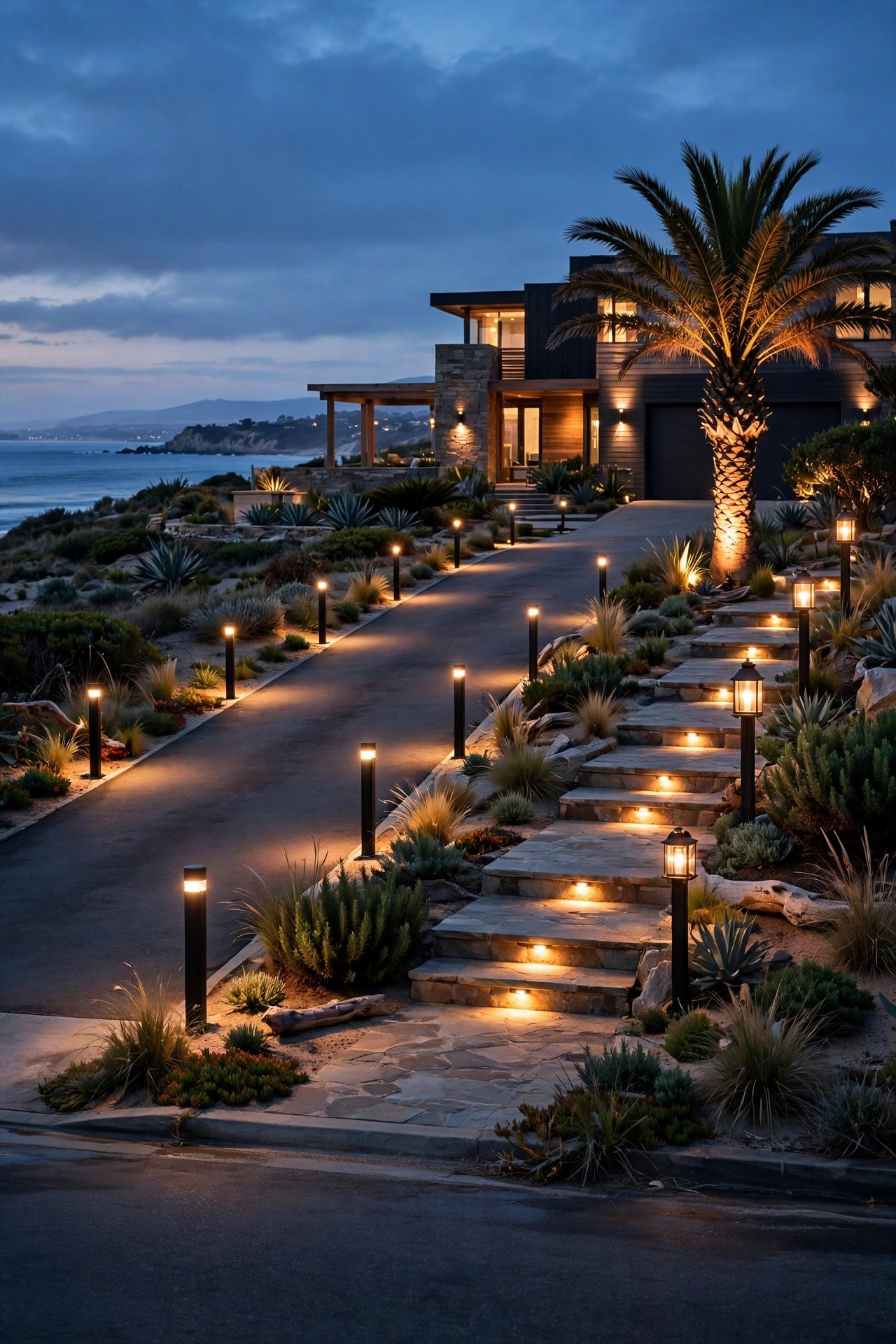 Full coastal driveway and walkway lighting scene at dusk seen from the street with layered bollards, lanterns, step lights and an uplighted palm