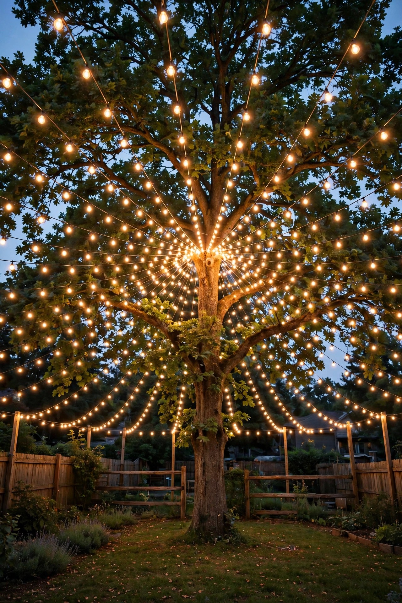 String lights radiating like an umbrella canopy from one large backyard tree