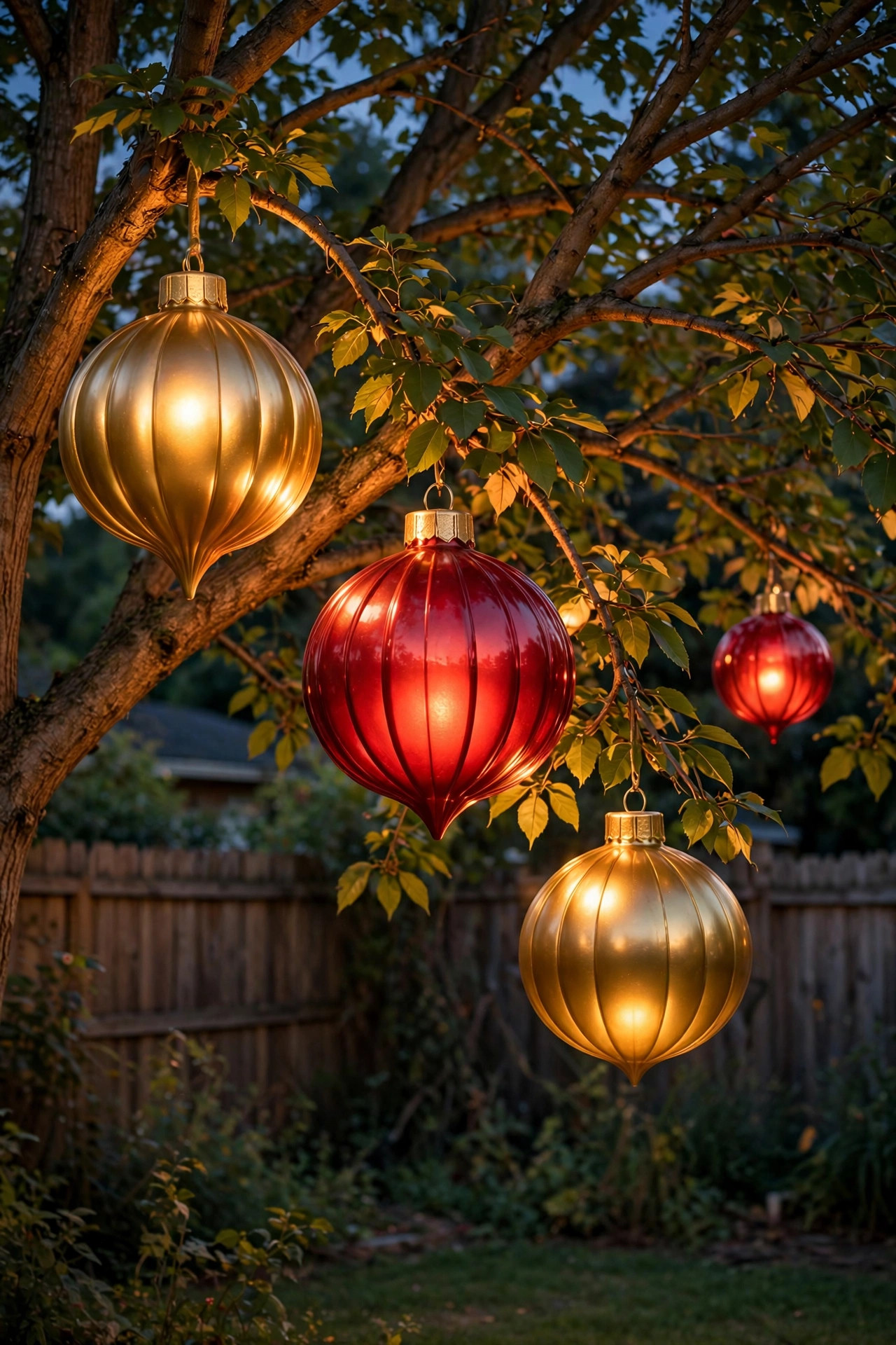 Oversized glowing gold and red ornaments hanging in the branches of a backyard tree at dusk