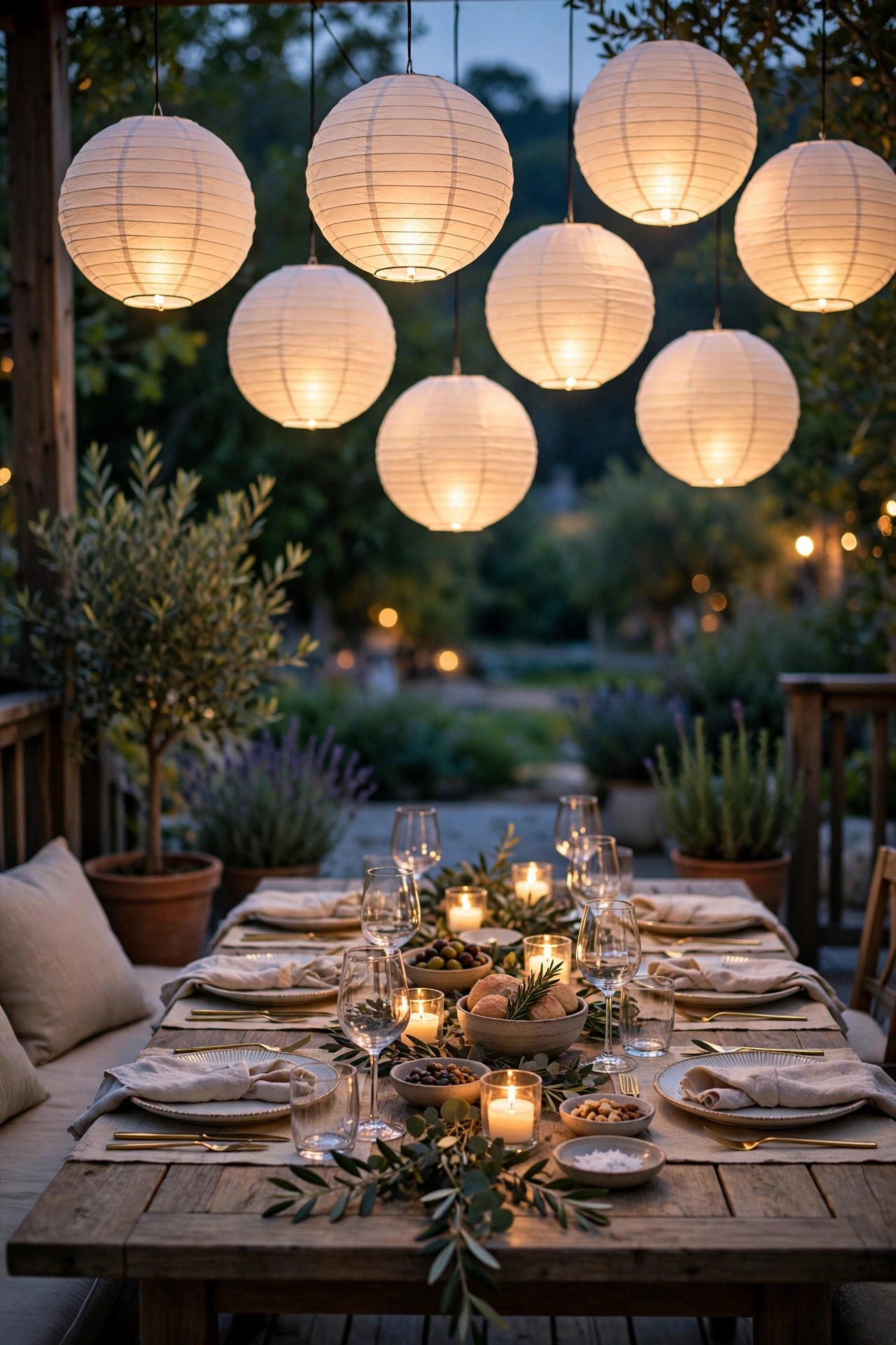 White paper lanterns glowing over an outdoor dining table on a deck during a festive evening dinner