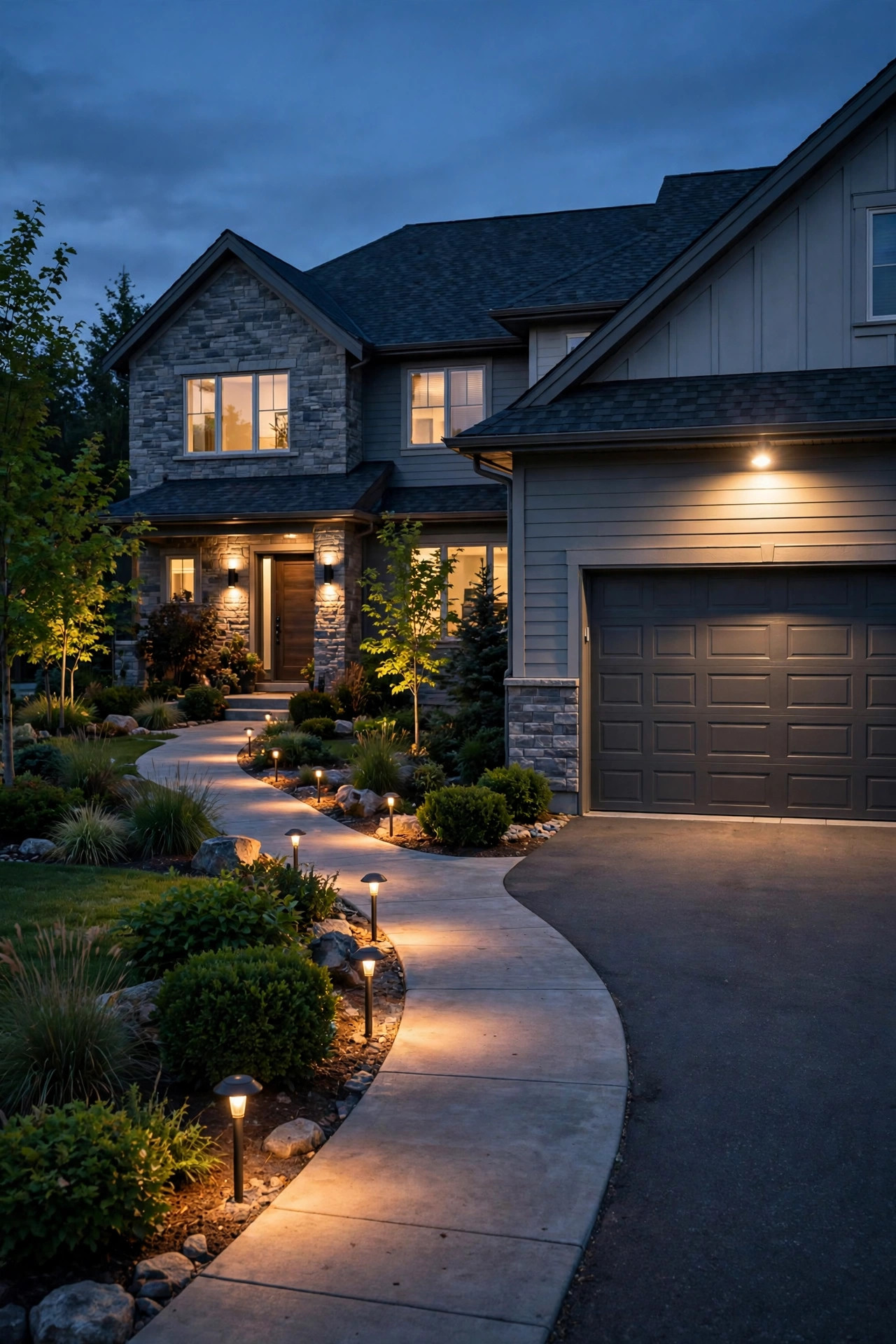 Front yard at dusk with a soft layer of low path lights along the walkway and one gentle security flood over the garage