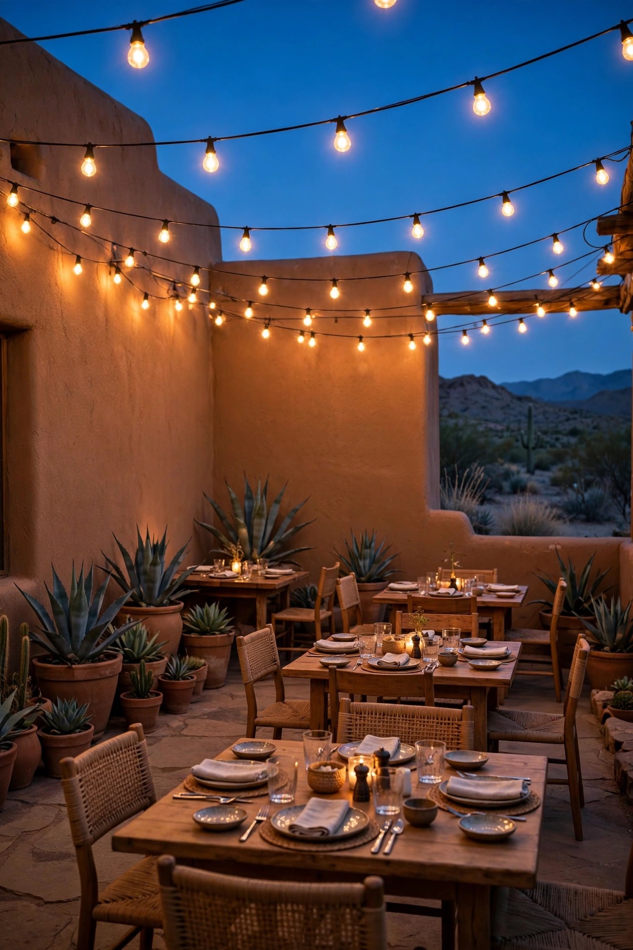 Warm café string lights glowing over a desert patio dining area at dusk, adobe walls and potted agaves around the edge