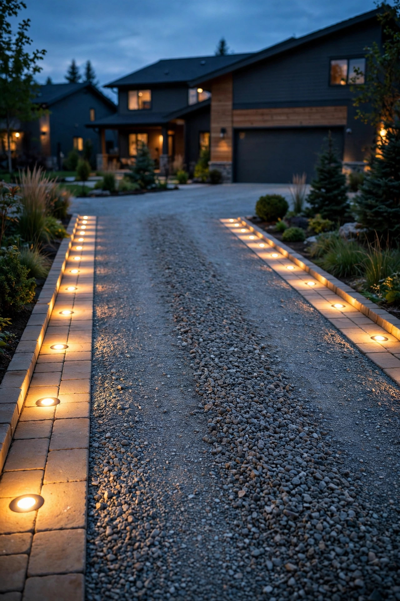Recessed puck lights glowing in a neat paver border strip edging both sides of a gravel driveway