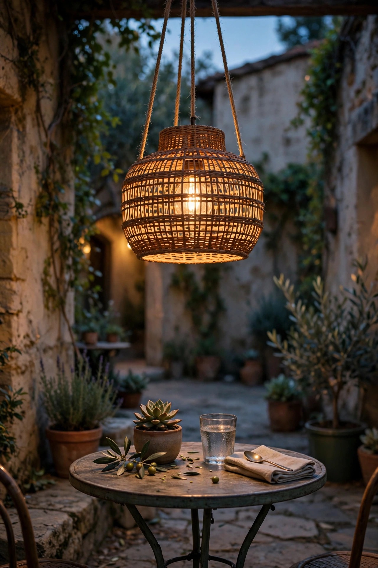 Woven outdoor pendant light hanging low over a courtyard bistro table at dusk