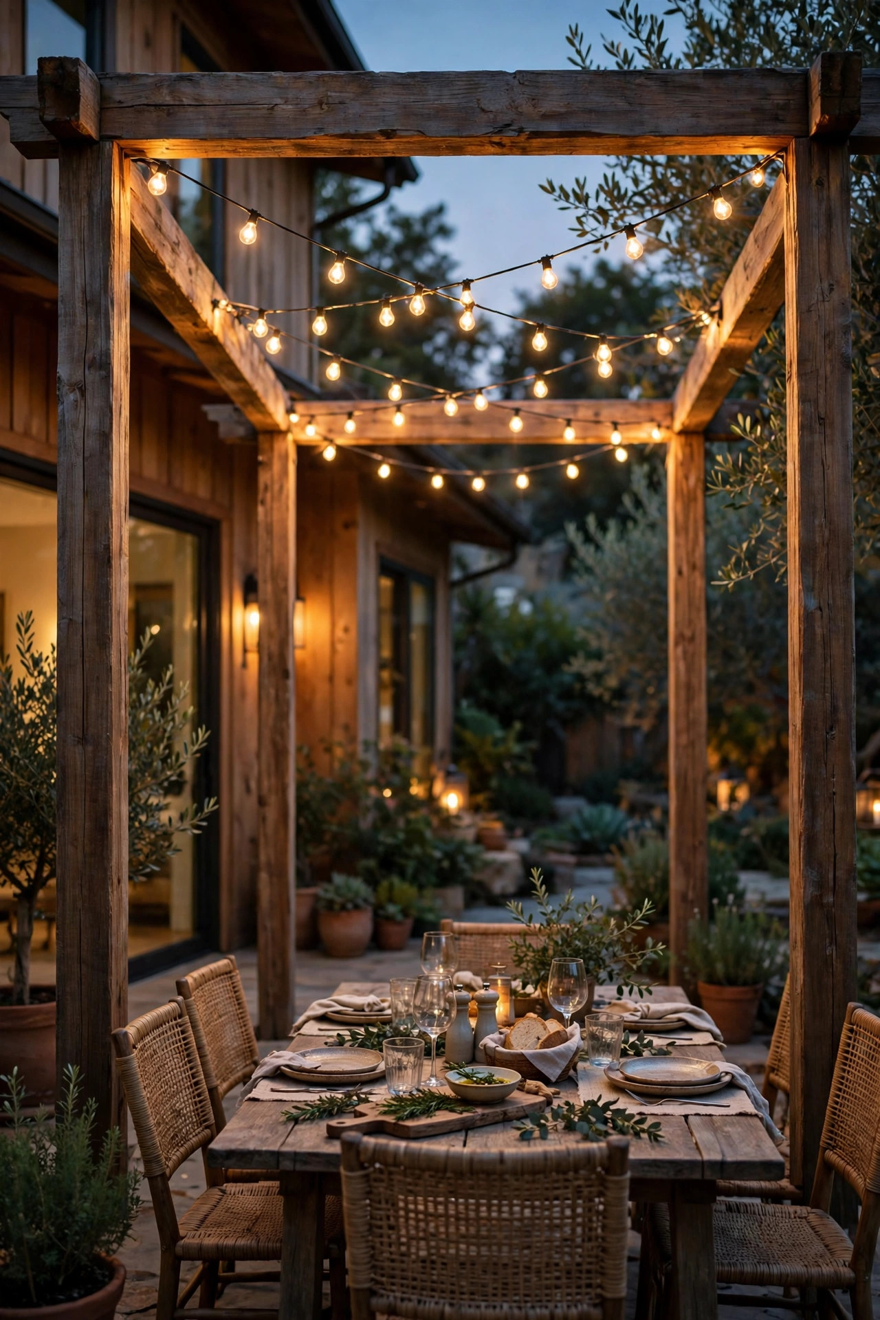 Four wooden posts forming an open pergola frame with string lights zigzagging across the top over an outdoor dining area