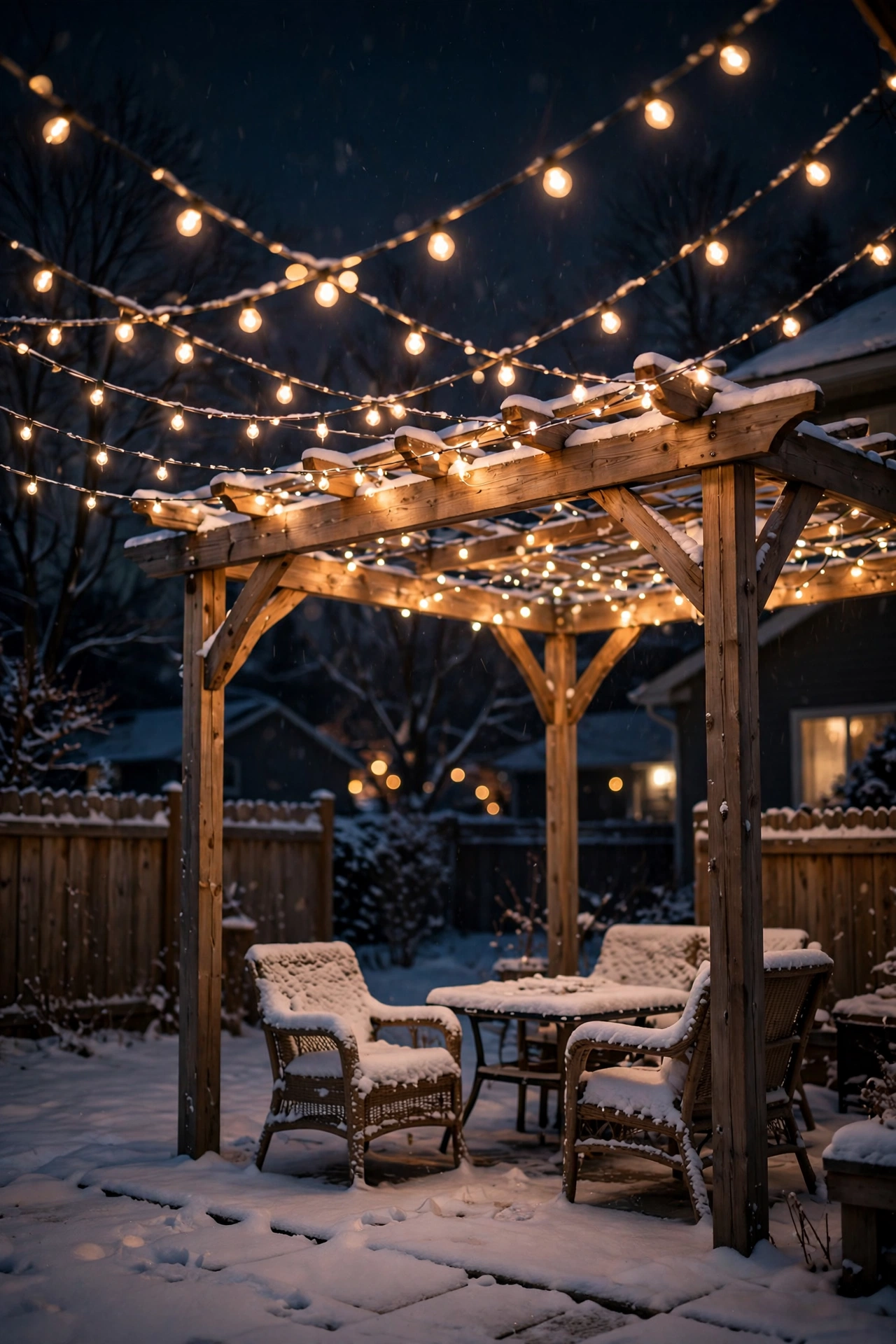 Snow-dusted pergola draped with warm glowing string lights seen from a house window at night