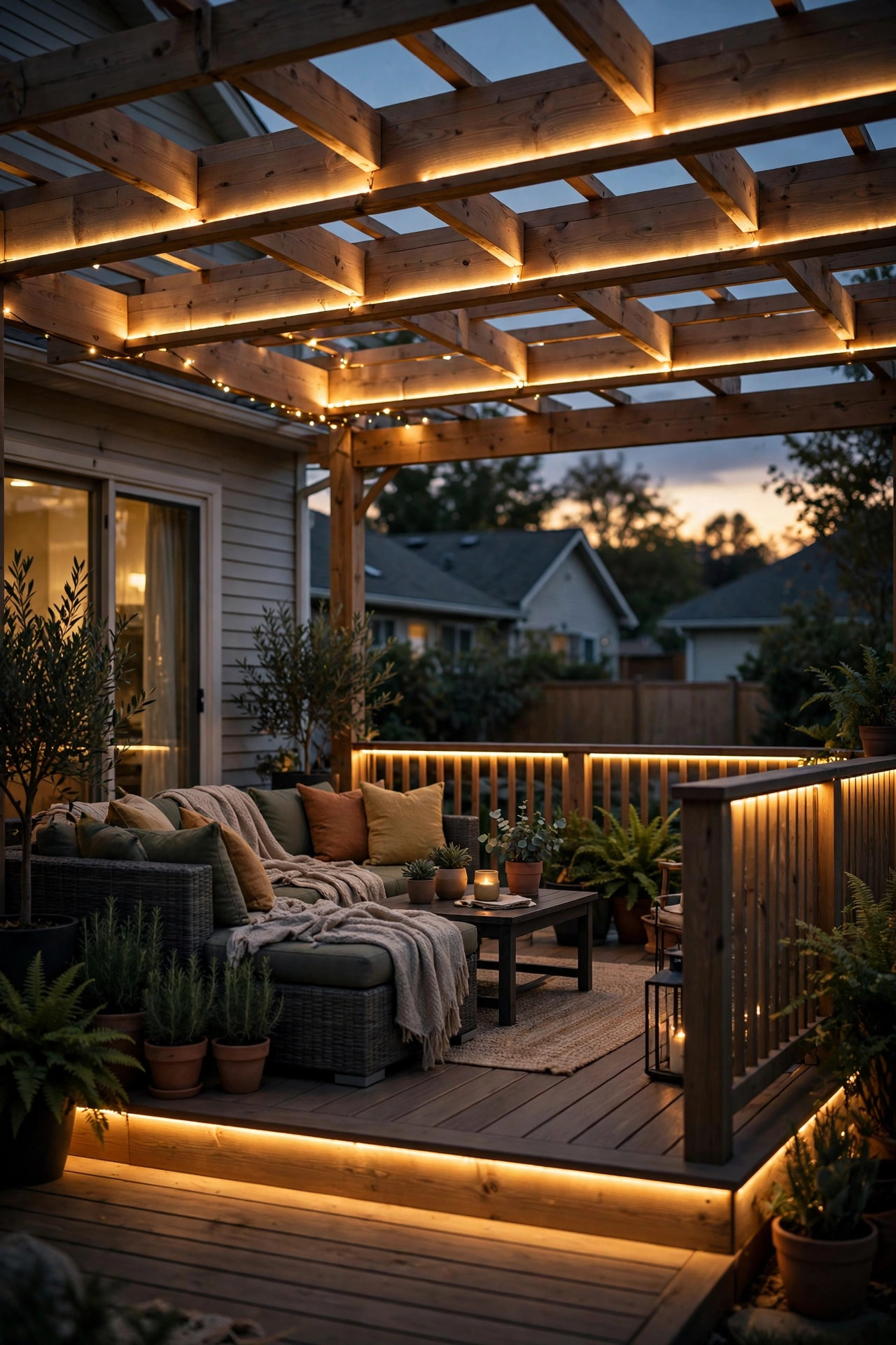 Pergola beams with LED strips matching under rail deck glow creating layered outdoor room lighting