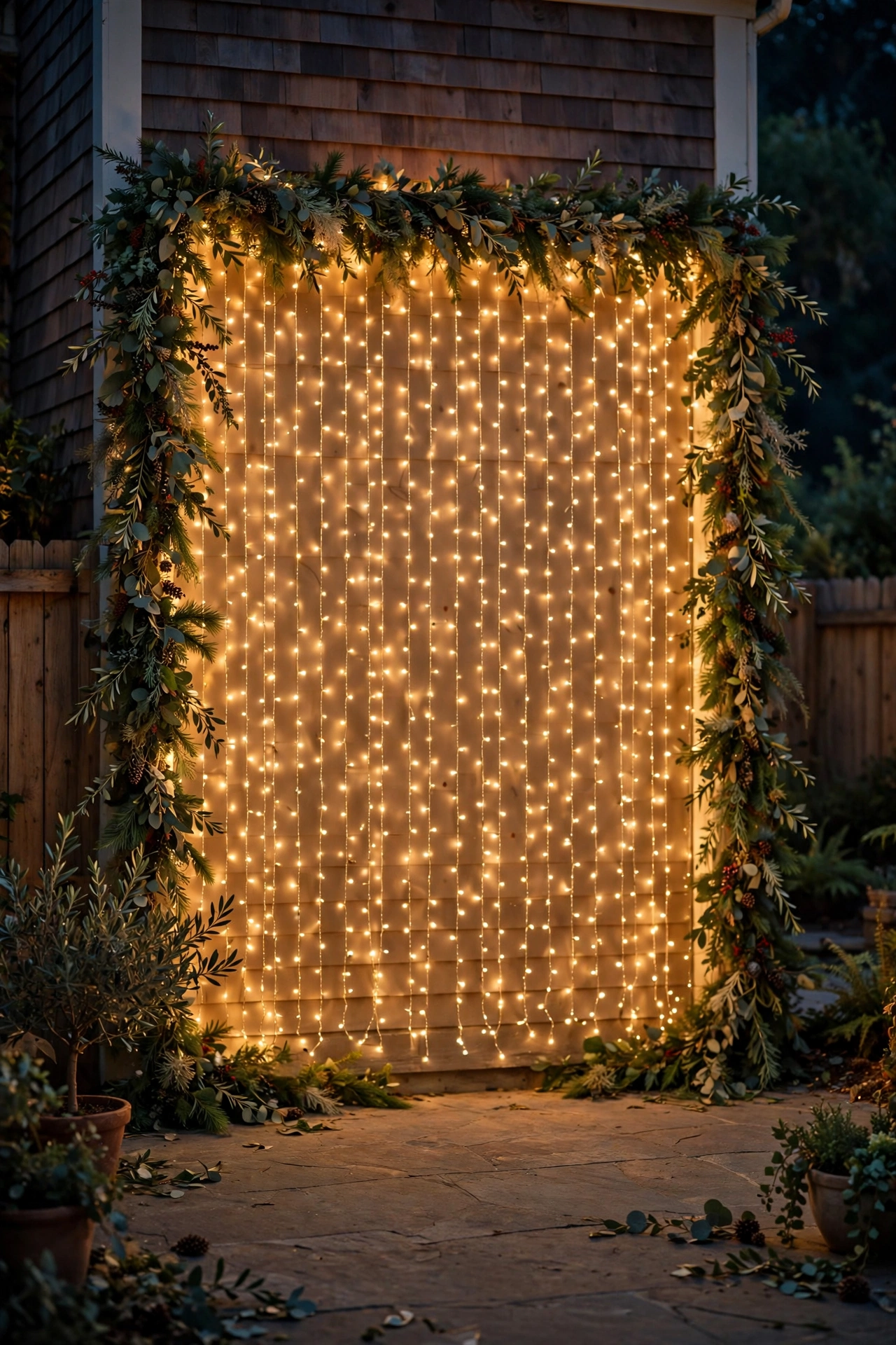 Fairy light curtain backdrop wall glowing behind guests taking photos at an outdoor night party