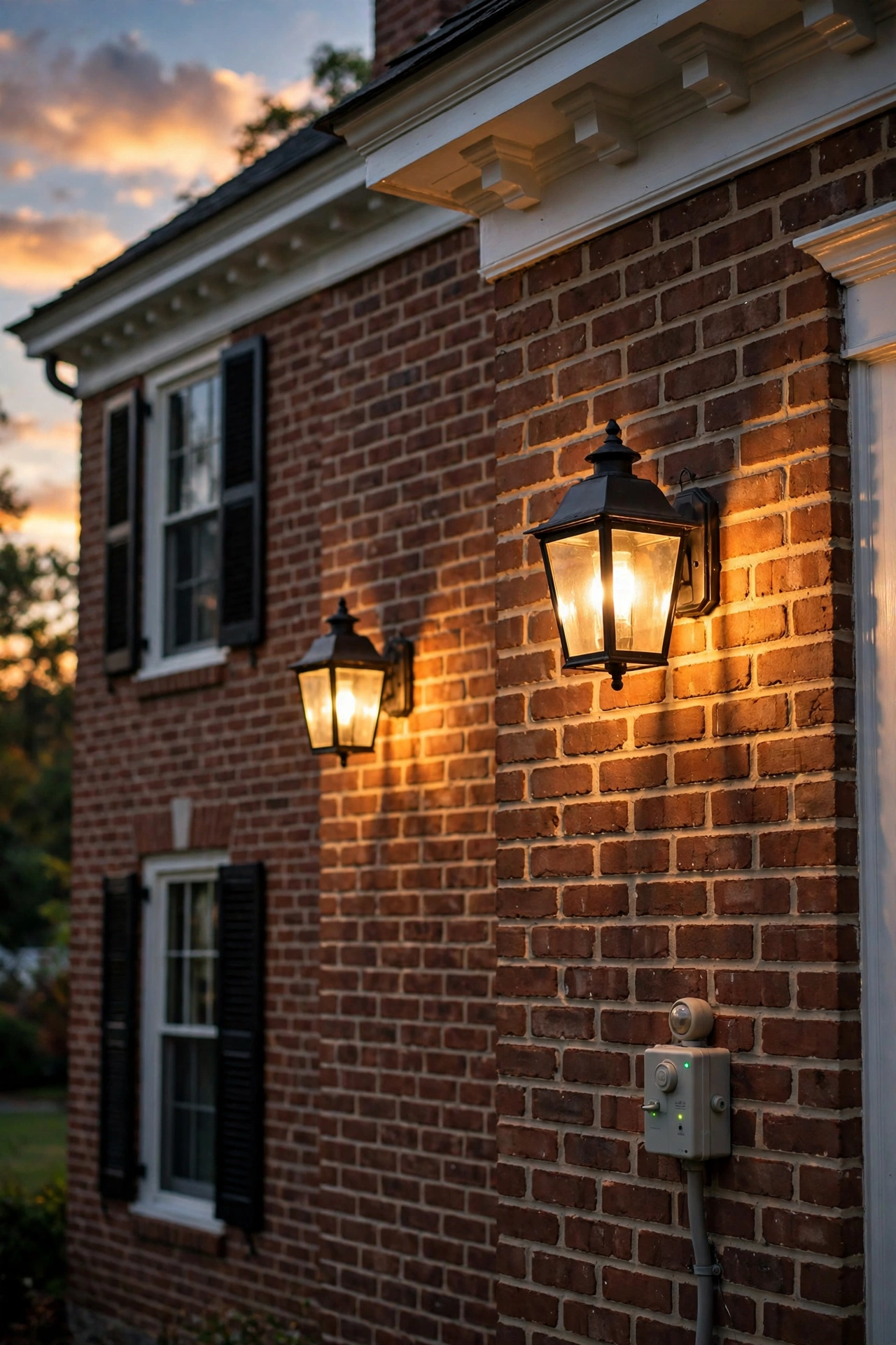 Dusk sensor and timer controls automating colonial exterior lighting at sunset