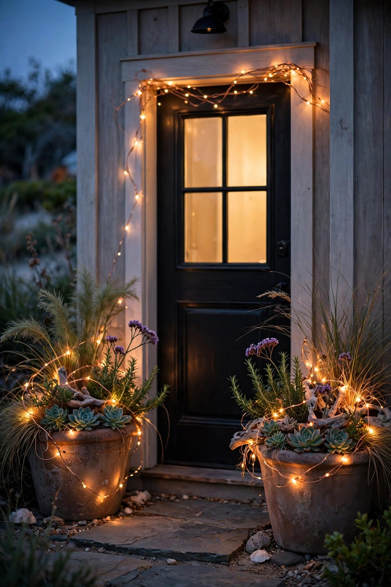 Copper-wire fairy lights twined through coastal planters flanking a glowing front door