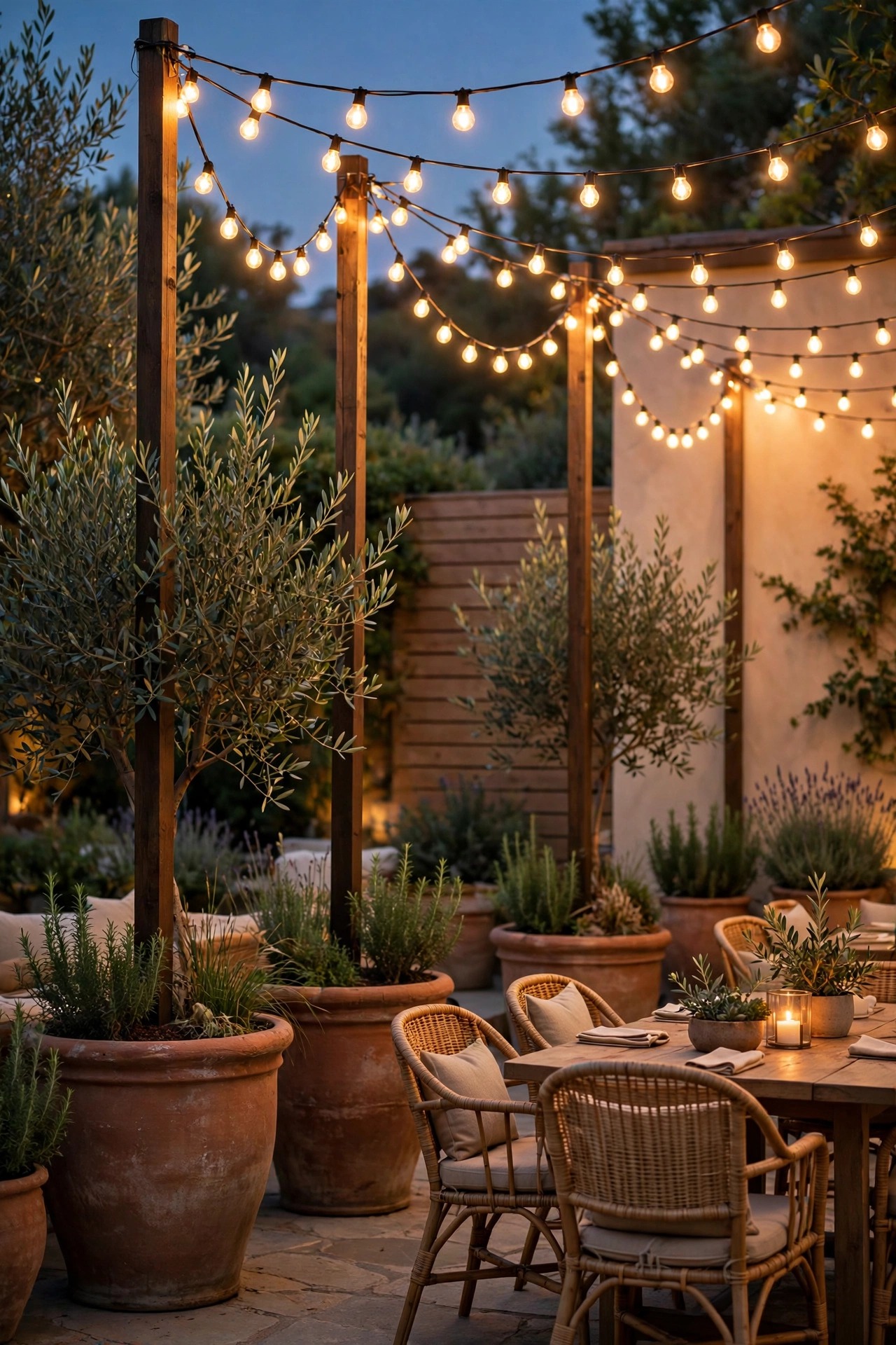 Large planters holding tall poles with string lights swagged overhead above a patio seating area