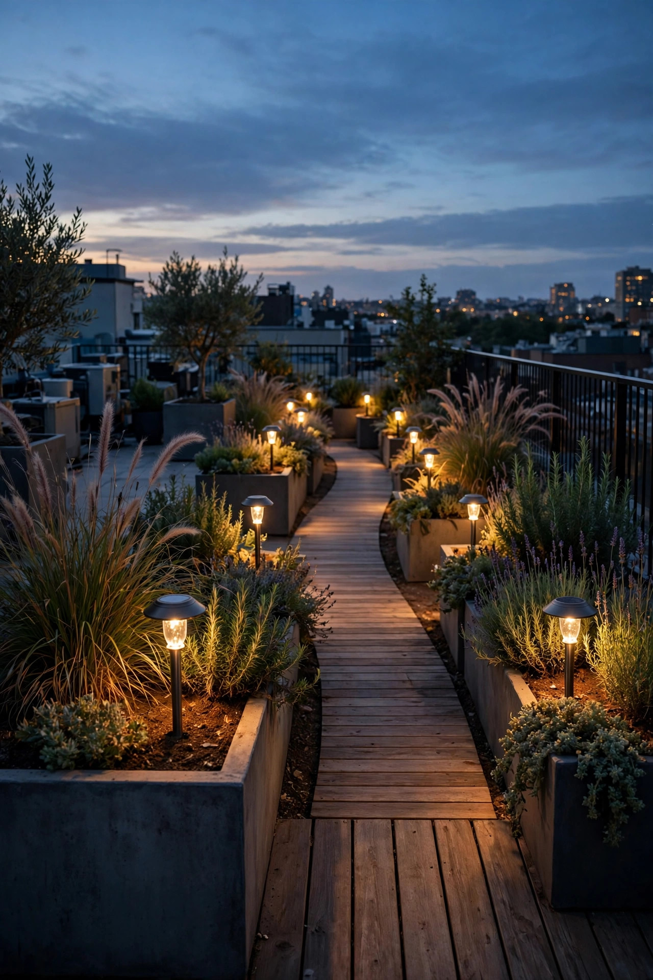 Short solar path lights staked into large planters guiding a walking route across a rooftop deck at dusk