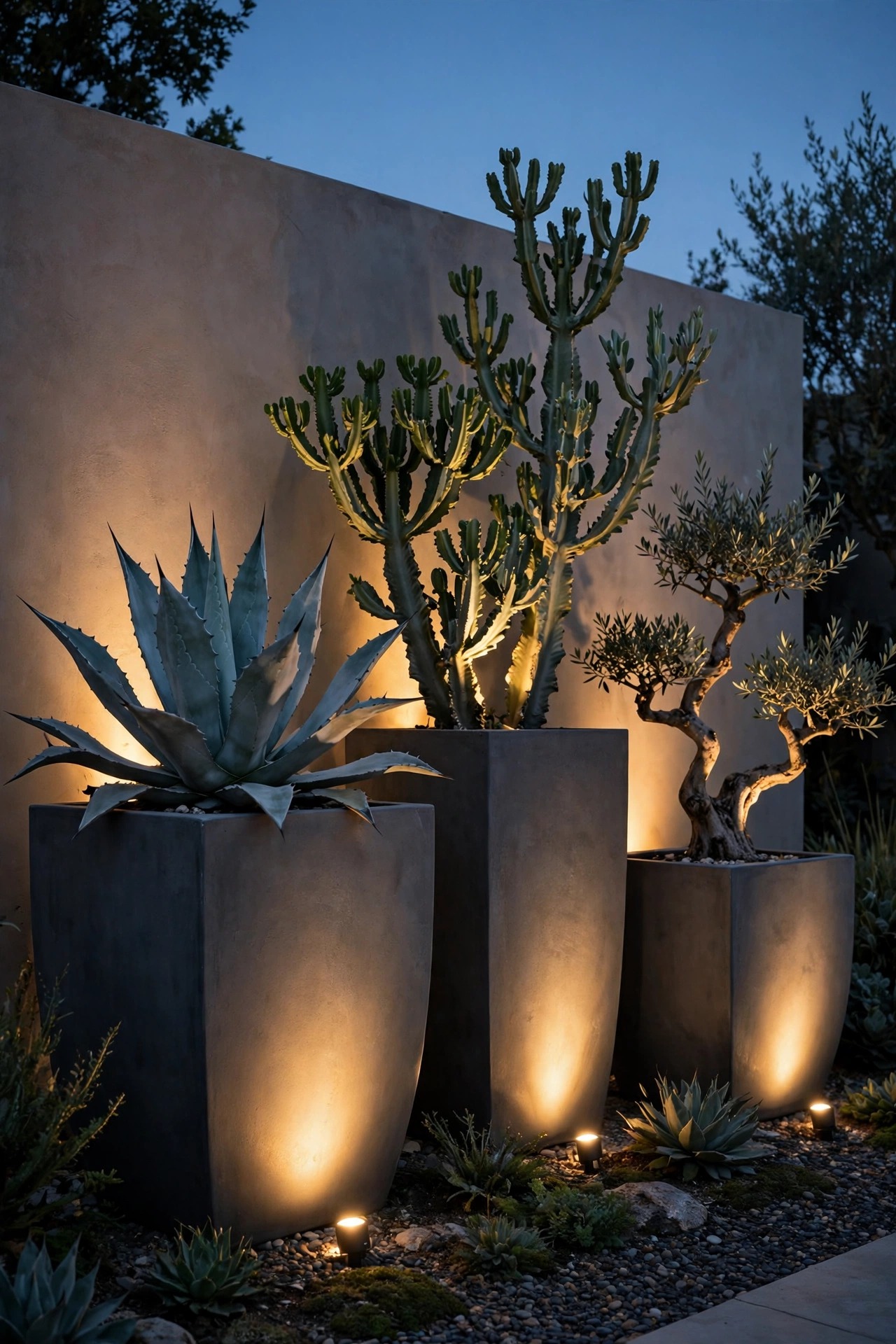 Spotlights uplighting sculptural plants in oversized modern planters against a garden wall