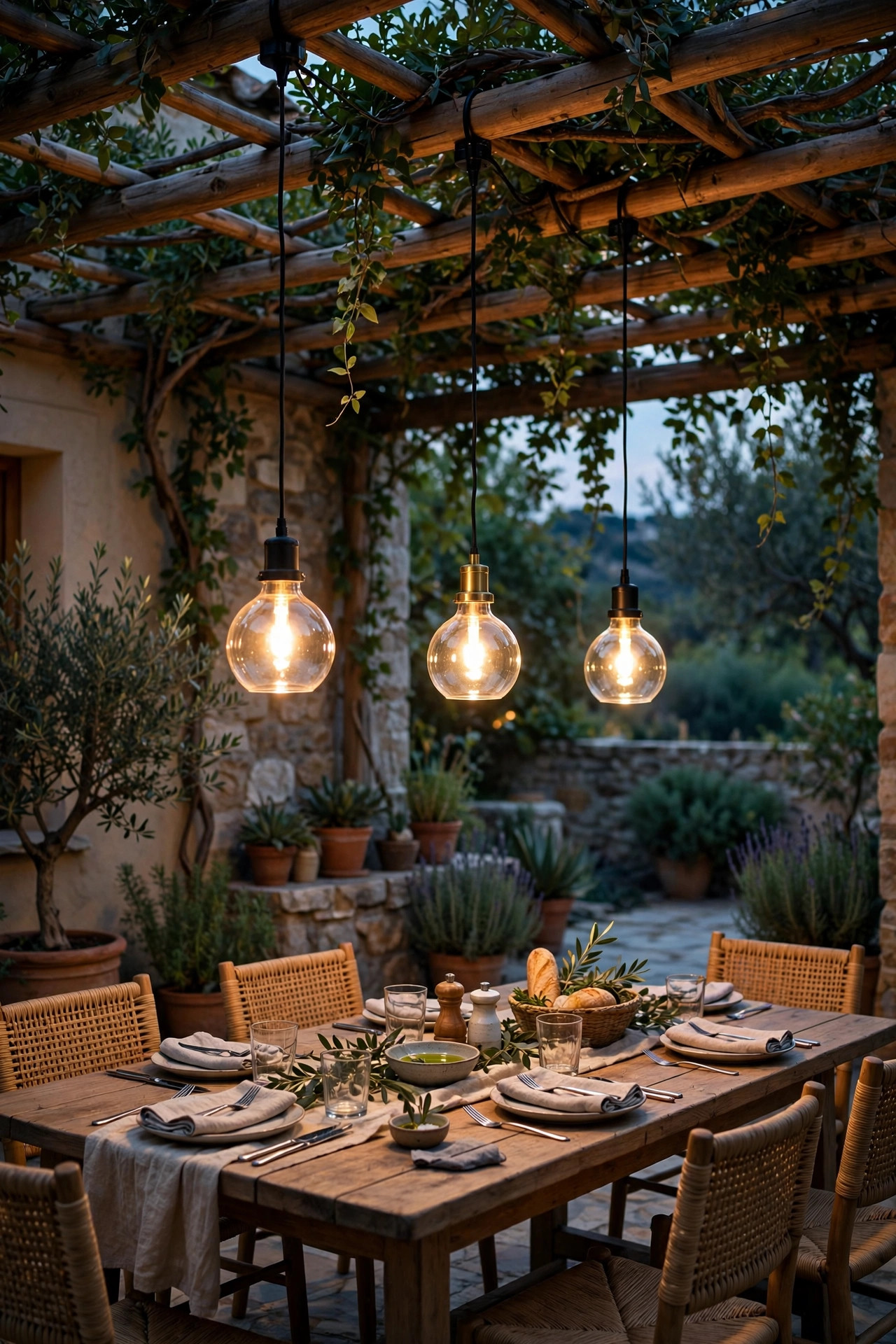 Plug-in pendant lights hanging over a dining table in a shaded courtyard pergola