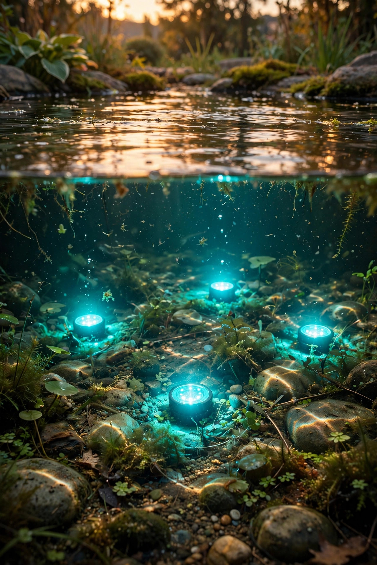 Submersible color changing solar lights glowing turquoise beneath the surface of a garden pond