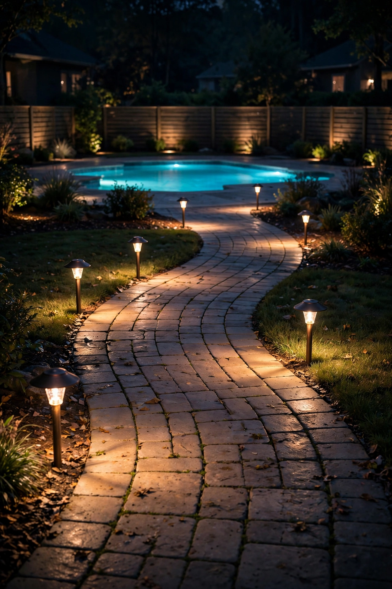 Low-voltage path lights illuminating a walkway leading to a glowing pool at night