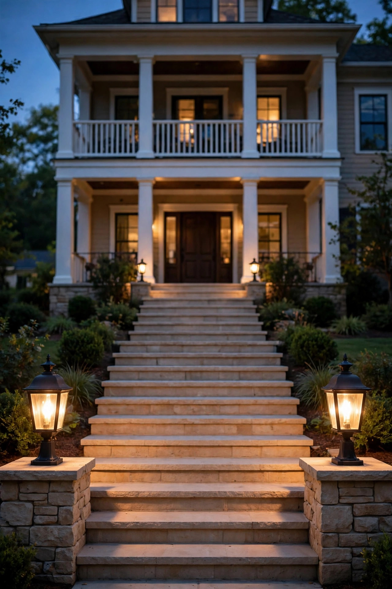 Post-mount lanterns on short piers anchoring the base of wide steps below a two-story portico