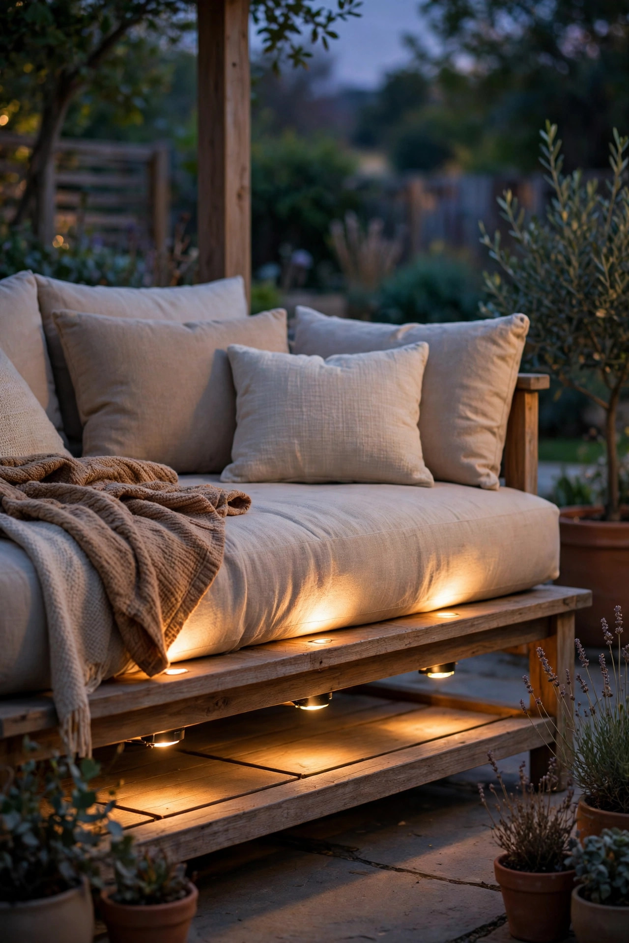 Battery puck lights hidden under a daybed shelf washing the cushions with warm light