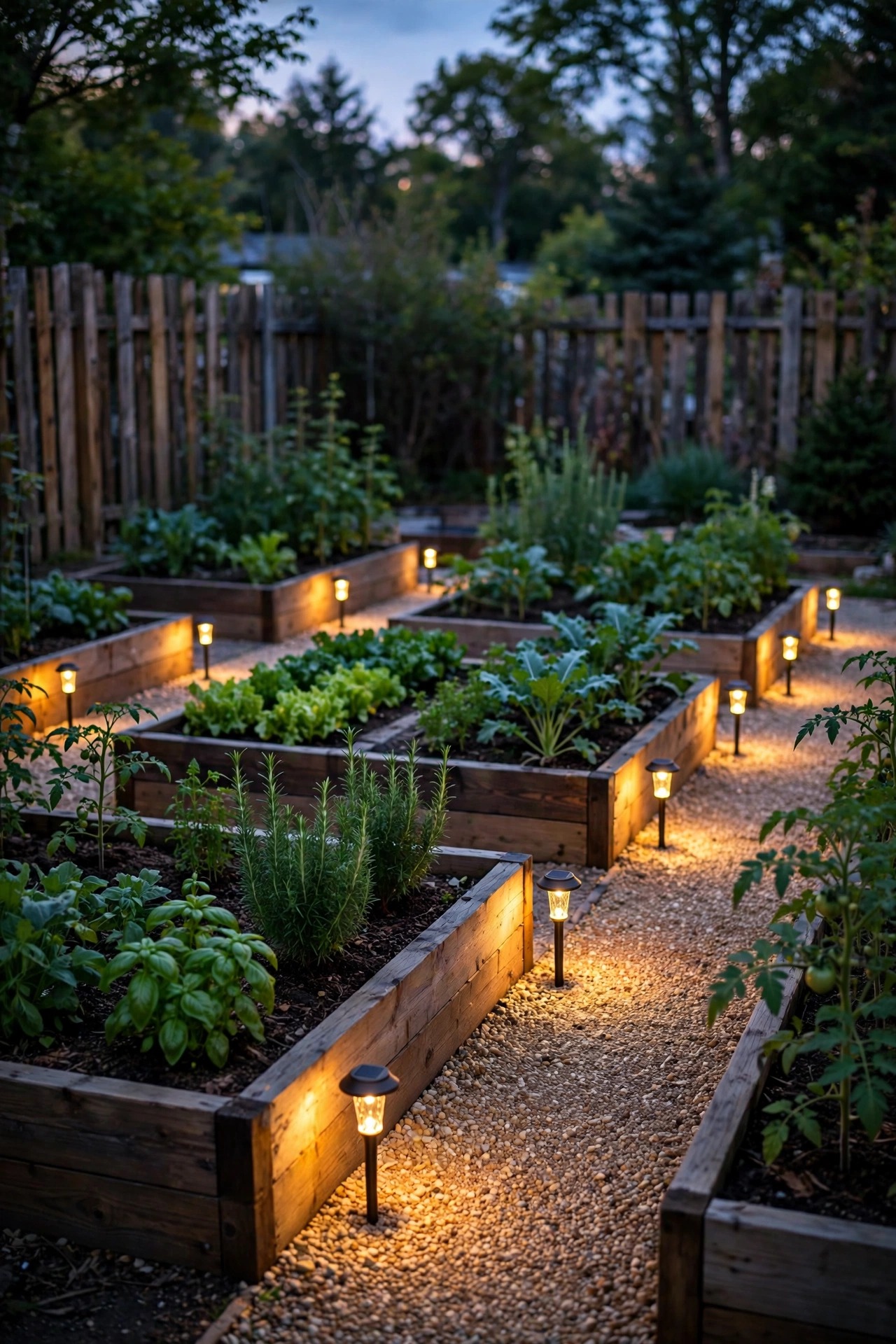 Raised vegetable beds with low warm solar stake lights along the paths at dusk