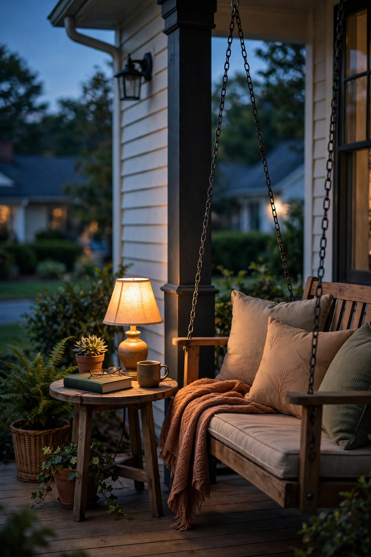 Small warm table lamp on a side table beside a porch swing set up as an evening reading nook