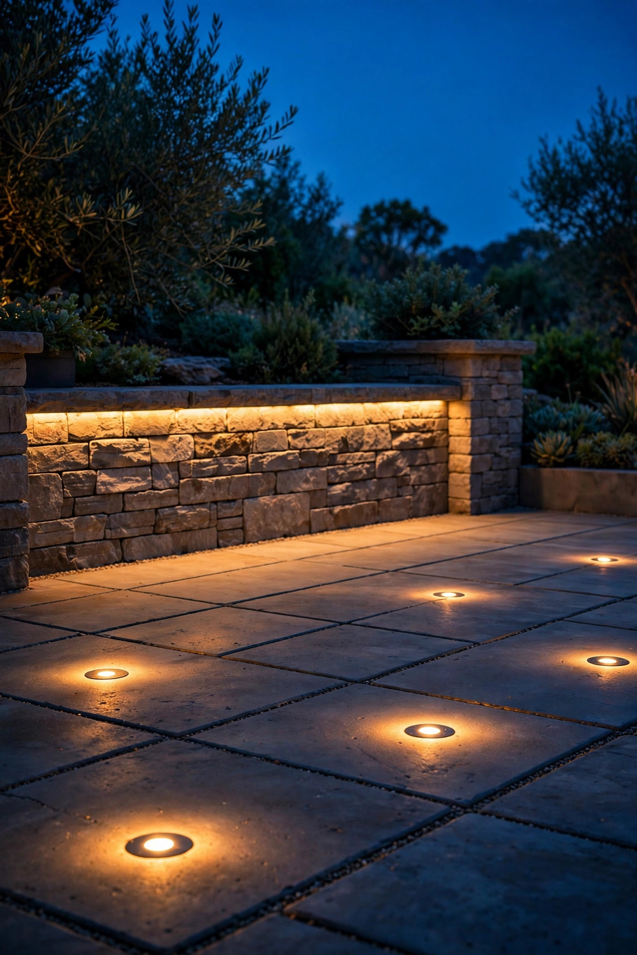 Recessed paver lights and under-cap wall lighting washing a patio floor with a soft warm band at dusk